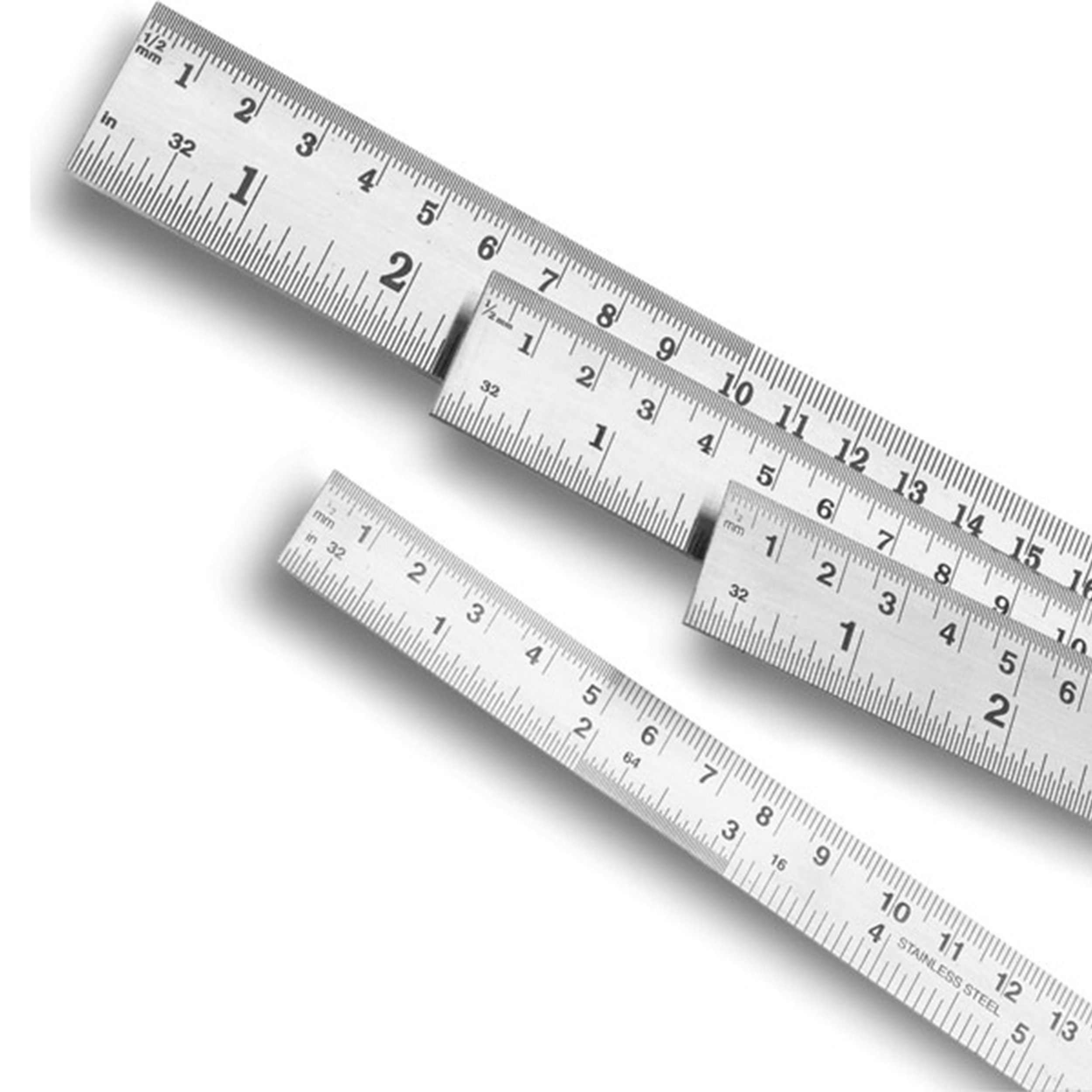 product: WoodRiver Stainless Steel Cabinetmaker's Rules Set - 4 Piece shown