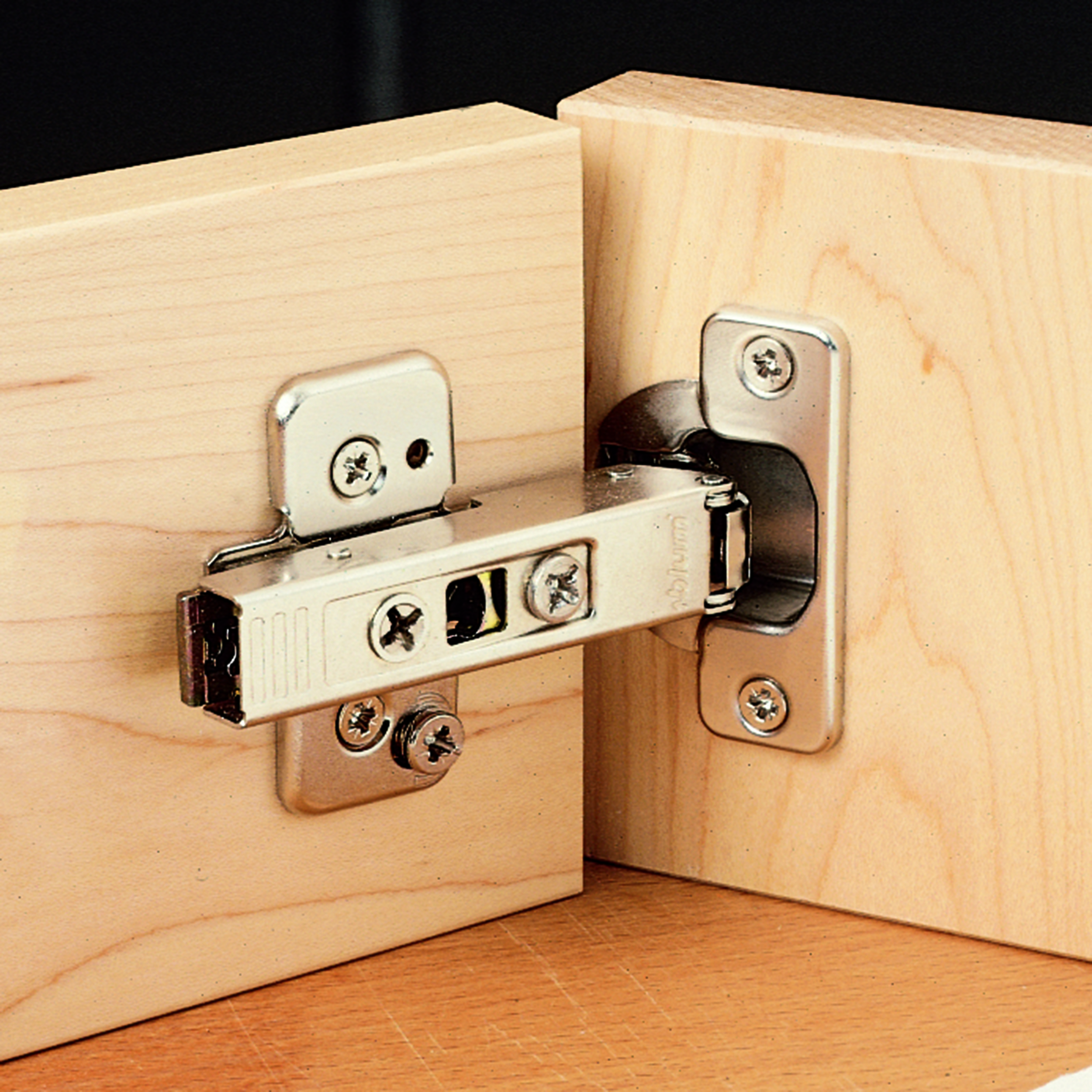product: Blum 120° Full Overlay Clip Top Hinge w/cam Plate Pair shown
