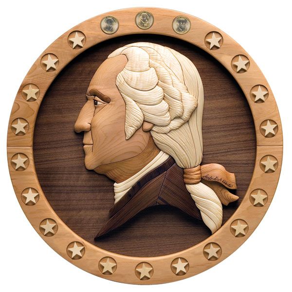 product: Woodcraft Magazine Intarsia Presidential Dollar Plaque - Downloadable Plan shown