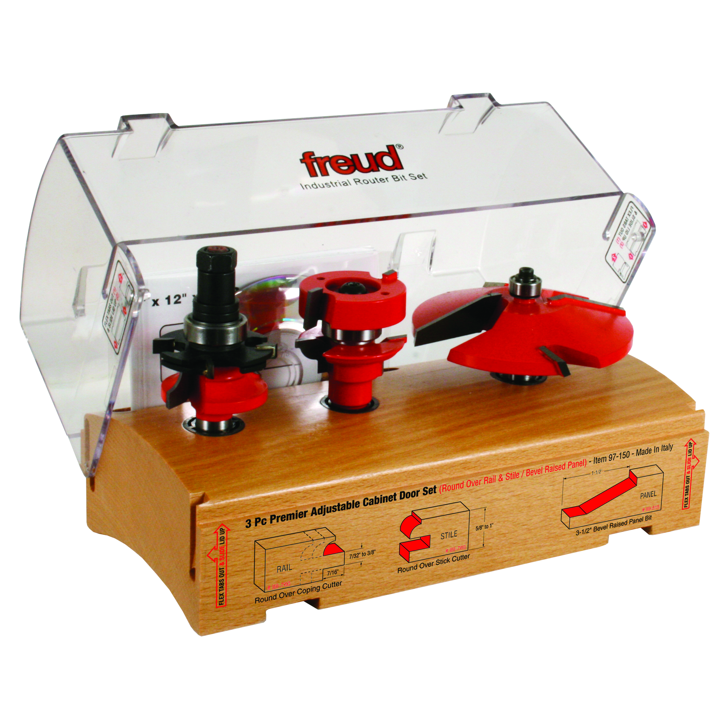 product: Freud 97-150 Adjustable Rail And Stile 3-Pc Door Router Bit Set Bevel Panel Round Rail 1/2