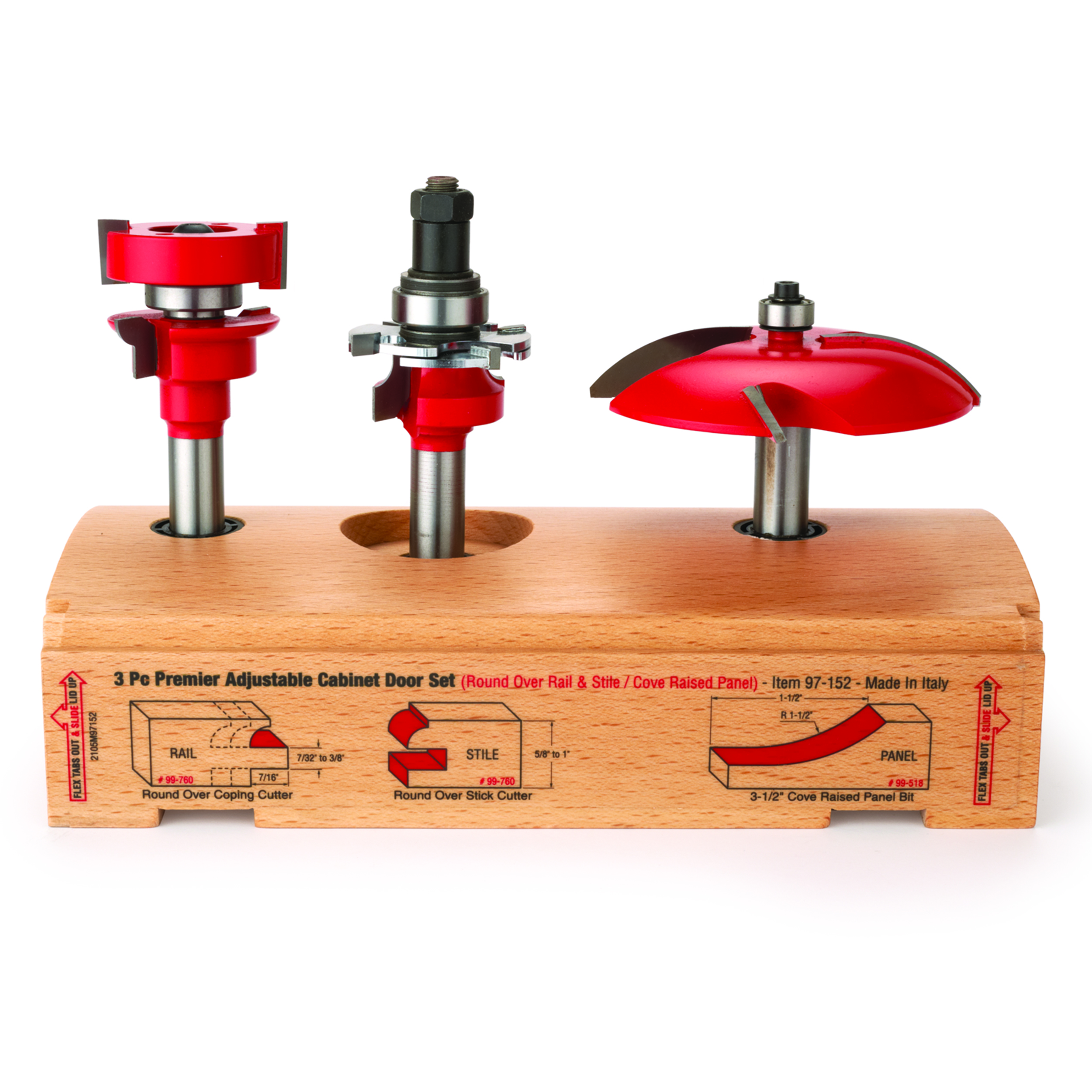 product: Freud 97-152 Adjustable Rail And Stile 3-Pc Door Router Bit Set Cove Panel Round Rail 1/2
