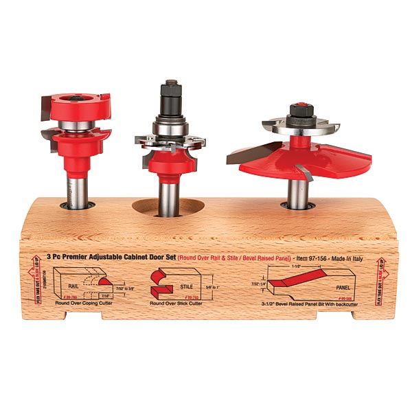 product: Freud 97-156 Adjustable Rail And Stile 3-Pc Door Router Bit Set Bevel Panel W/Bc Round Rail 1/2