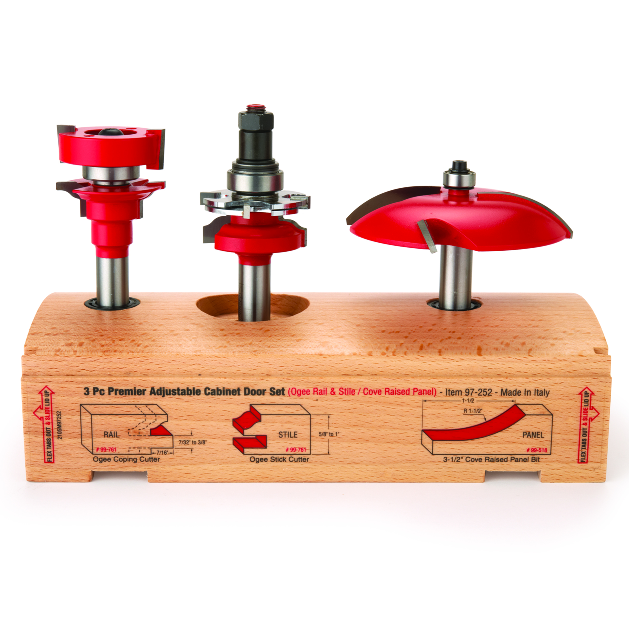 product: Freud 97-252 Adjustable Rail And Stile 3-Pc Door Router Bit Set Cove Panel Ogee Rail 1/2