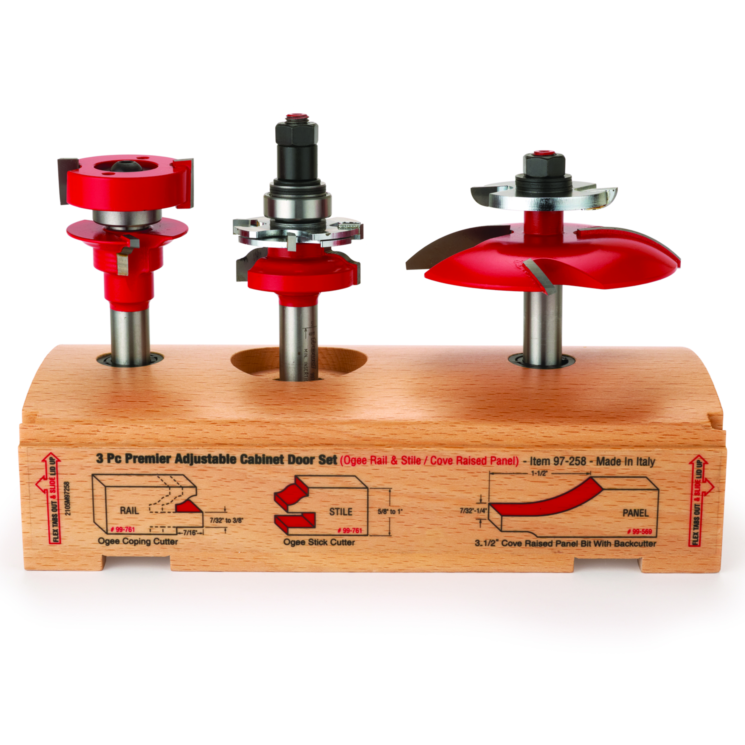 product: Freud 97-258 Adjustable Rail And Stile 3-Pc Door Router Bit Set Cove Panel W/Bc Ogee Rail 1/2