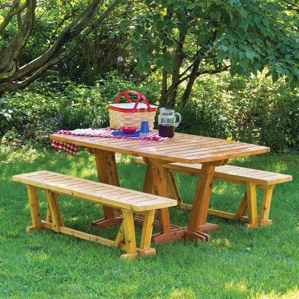 product: Woodcraft Magazine Outdoor Table and Benches - Downloadable Plan shown