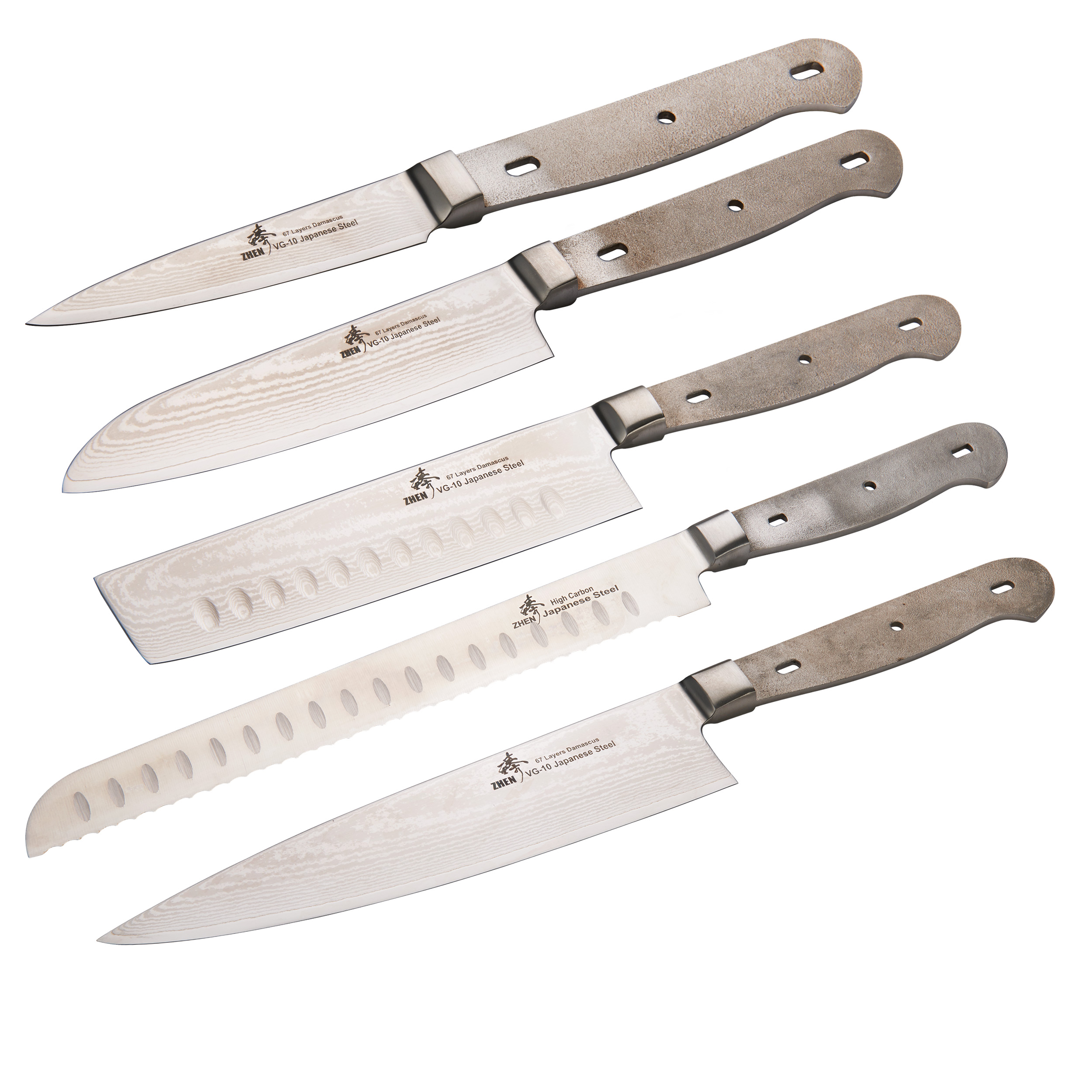 product: ZHEN Kitchen Knife Set - Nakiri Chef Santoku Paring and Bread Knife - Damascus - Unfinished Kit - 5 Piece shown