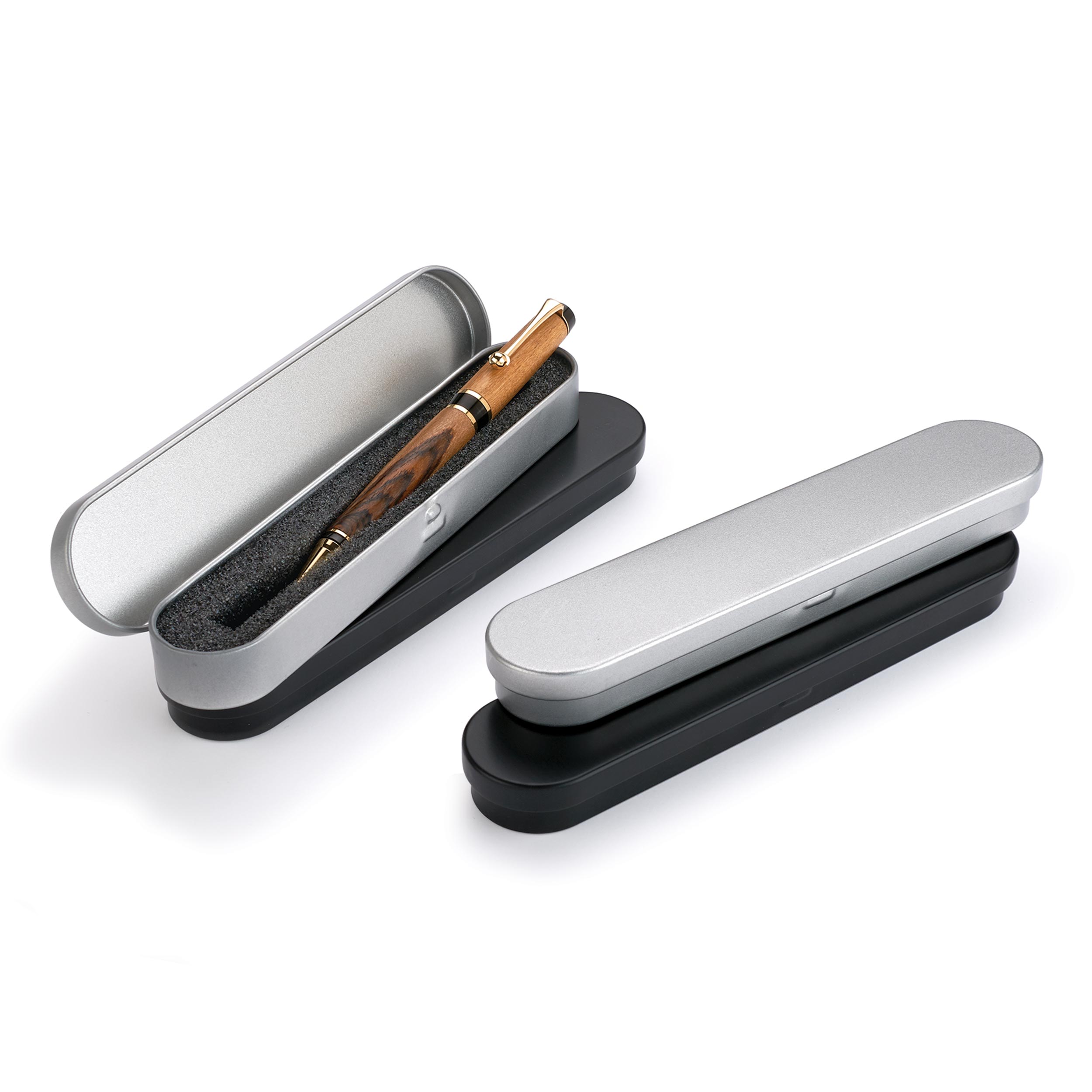 product: WoodRiver Metal Pen Boxes - Black and Gray - 4 Piece shown