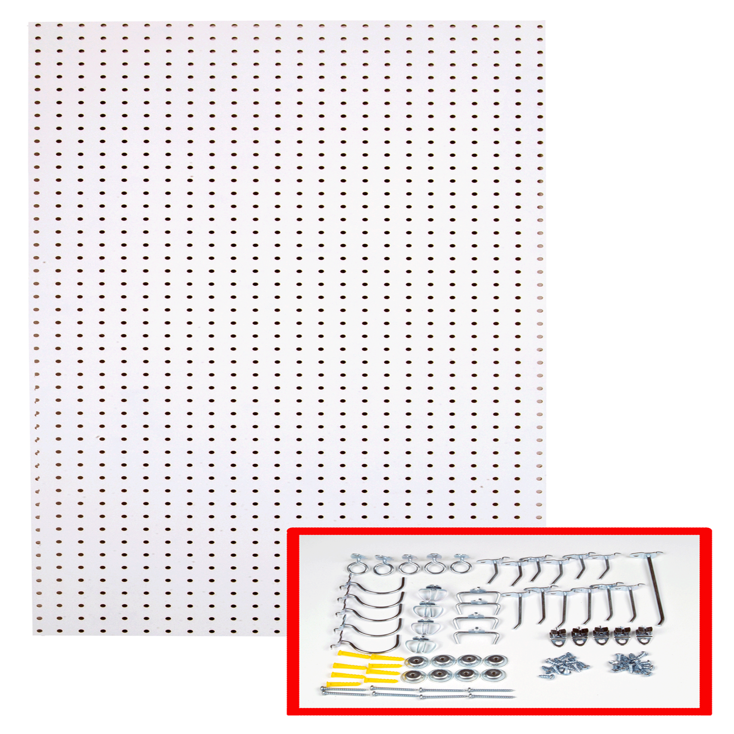 24 In. W X 48 In. H X 1/4 In. D Custom Painted Blissful White Heavy Duty Tempered Round Hole Pegboards With 36 Pc. Locki