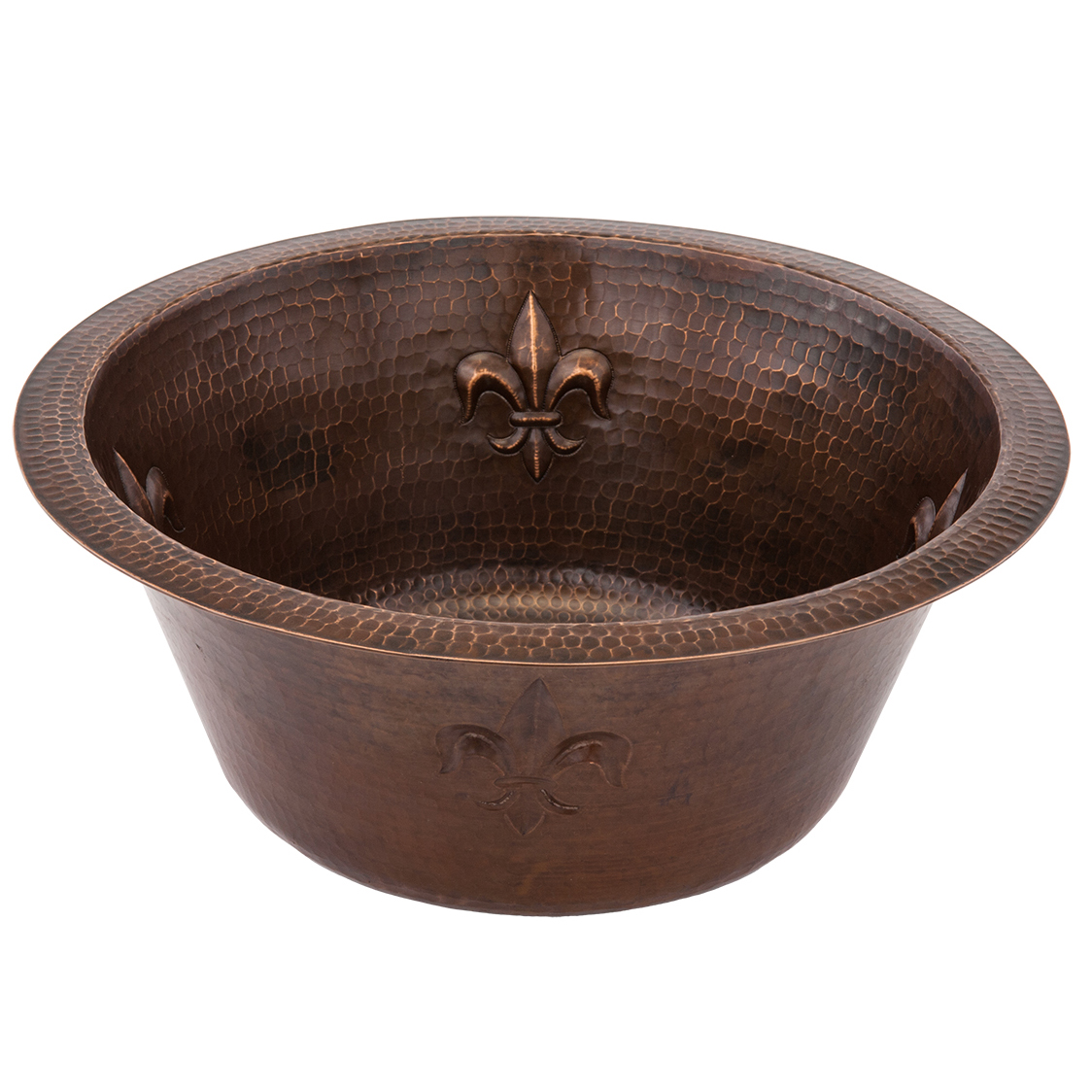 16" Round Copper Bar Sink W/ Fleur De Lis And 2" Drain Size