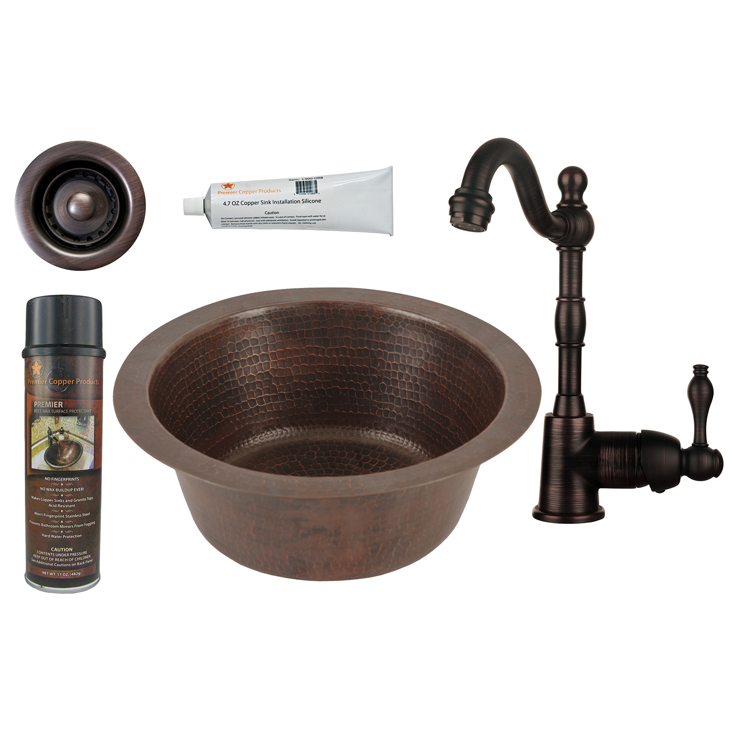 12 Inch Round Hammered Copper Bar Sink With 2 Inch Drain Size, Faucet And Accessories Package, Oil Rubbed Bronze