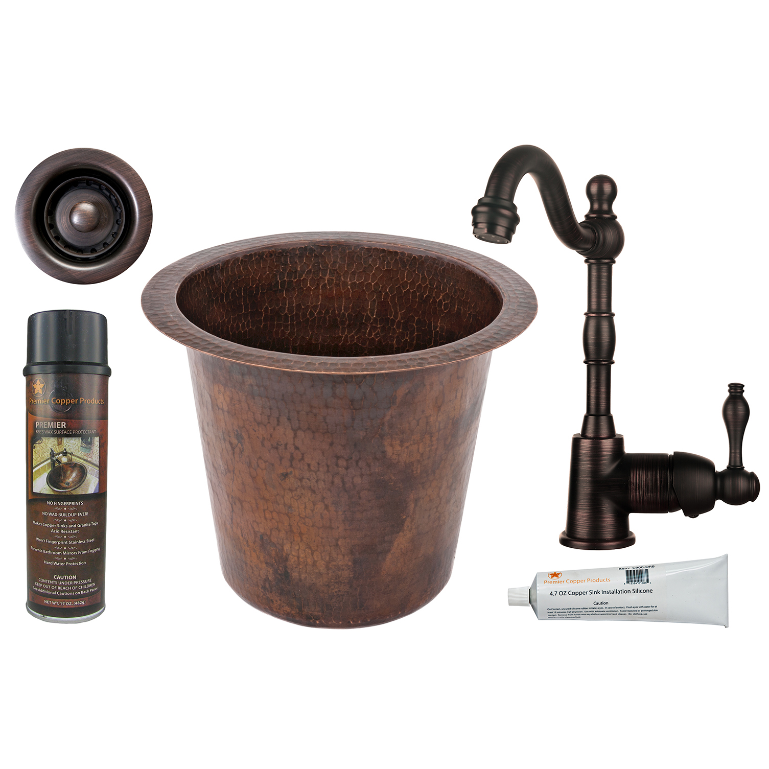 12 Inch Round Champagne Hammered Copper Bar/prep Sink, Faucet And Accessories Package, Oil Rubbed Bronze