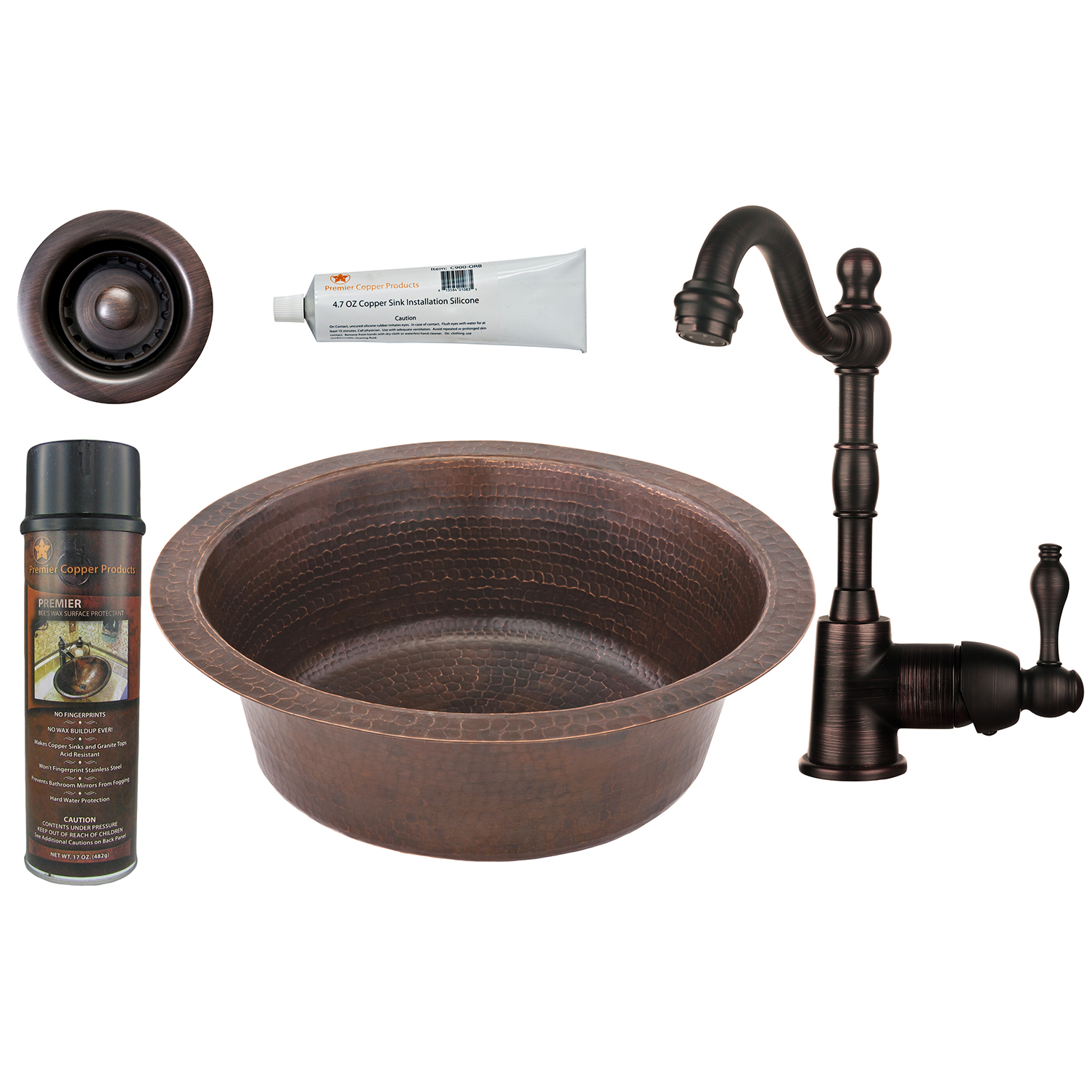 14 Inch Round Hammered Copper Bar Sink With 2 Inch Drain Size, Faucet And Accessories Package, Oil Rubbed Bronze