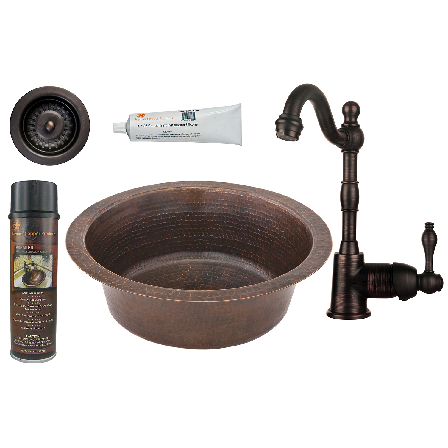14 Inch Round Hammered Copper Prep Sink With 3.5 Inch Drain Size, Faucet And Accessories Package, Oil Rubbed Bronze