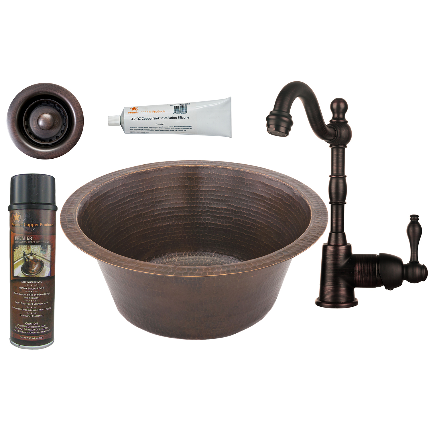 16 Inch Round Hammered Copper Bar Sink With 2 Inch Drain Size, Faucet And Accessories Package, Oil Rubbed Bronze