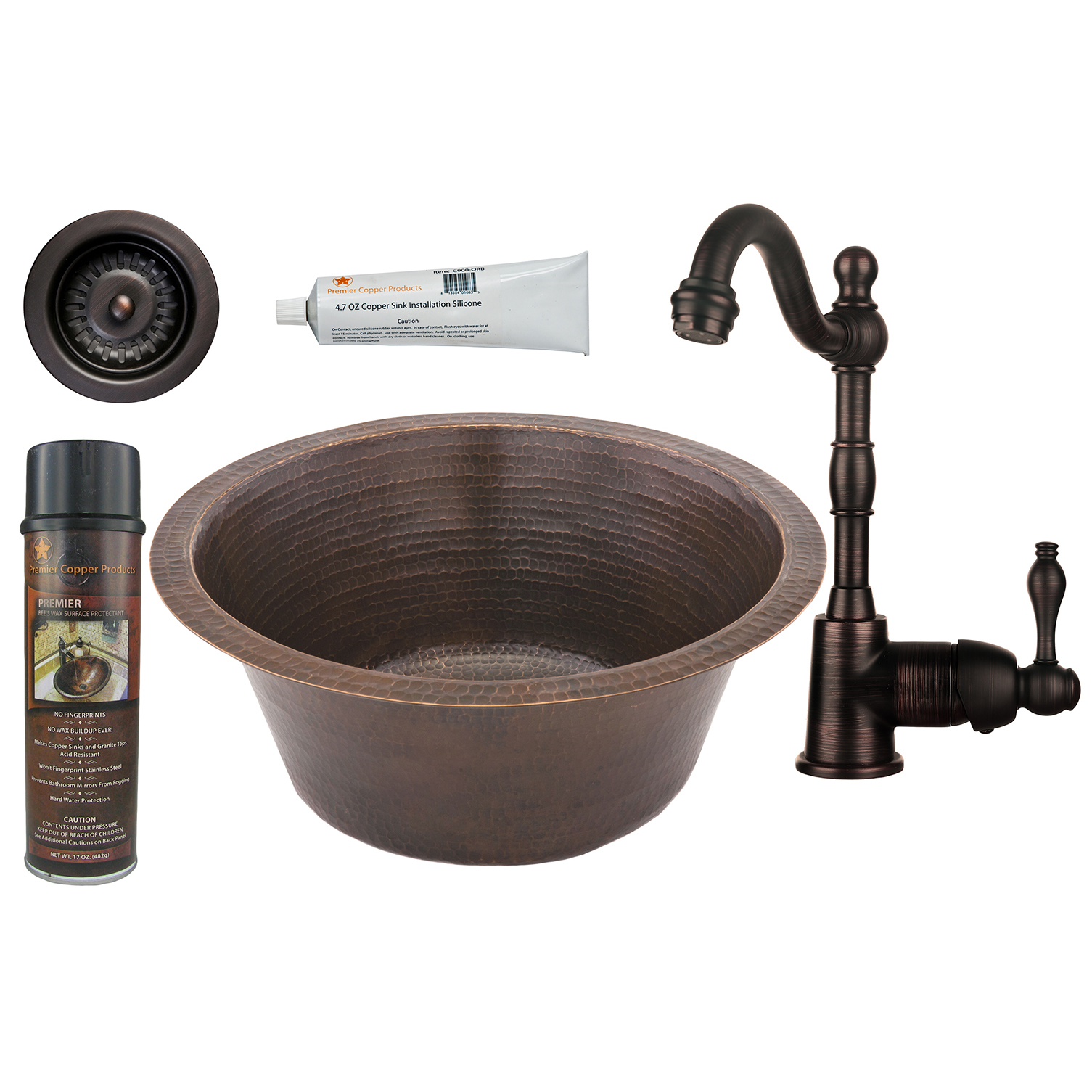 16 Inch Round Hammered Copper Prep Sink With 3.5 Inch Drain Size, Faucet And Accessories Package, Oil Rubbed Bronze