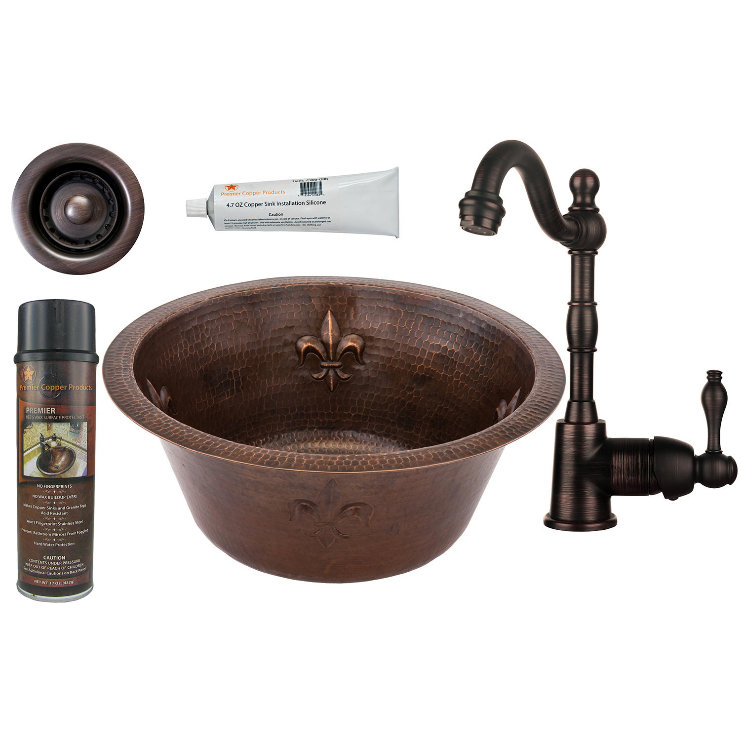 16 Inch Round Copper Fleur De Lis Bar Sink With 2 Inch Drain Size, Faucet And Accessories Package, Oil Rubbed Bronze
