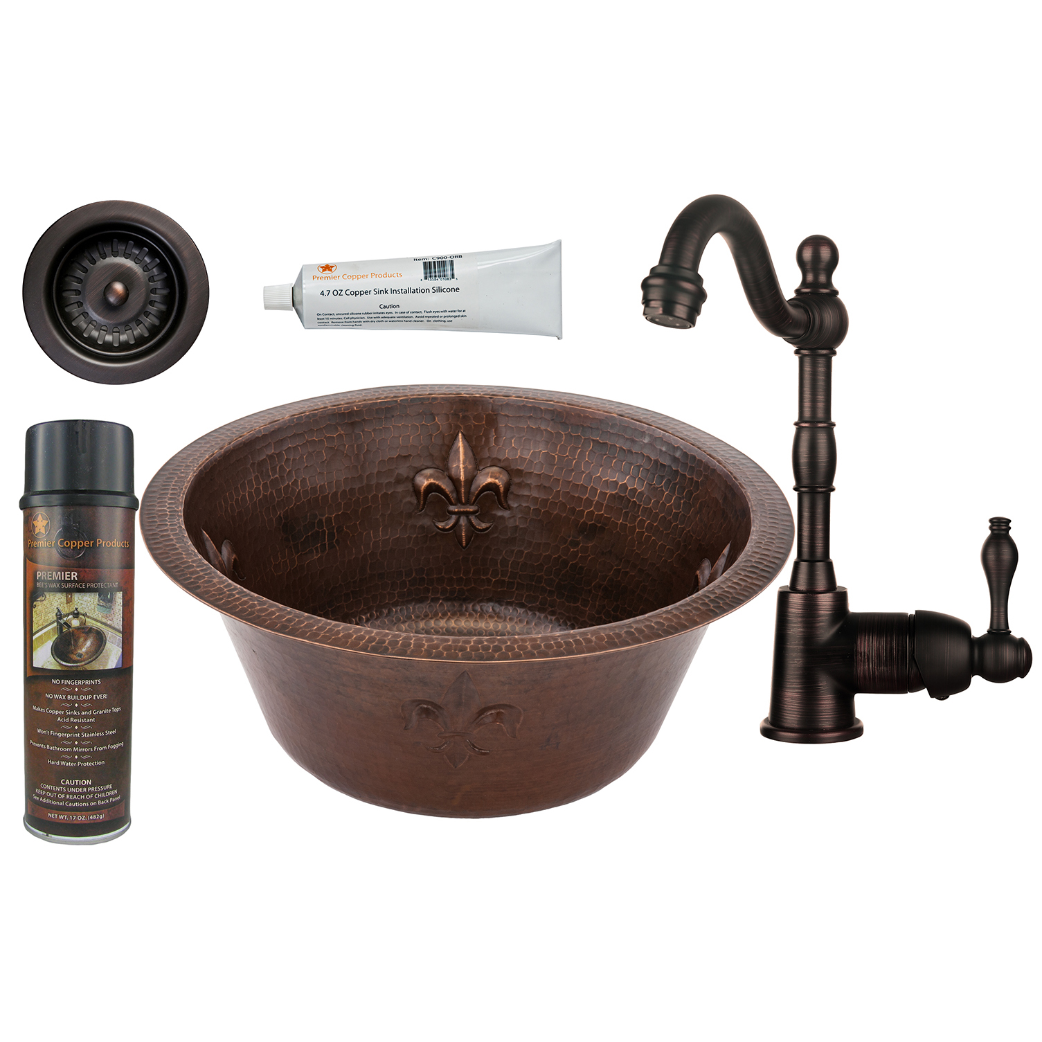 16 Inch Round Copper Fleur De Lis Prep Sink With 3.5 Inch Drain Size, Faucet And Accessories Package, Oil Rubbed Bronze
