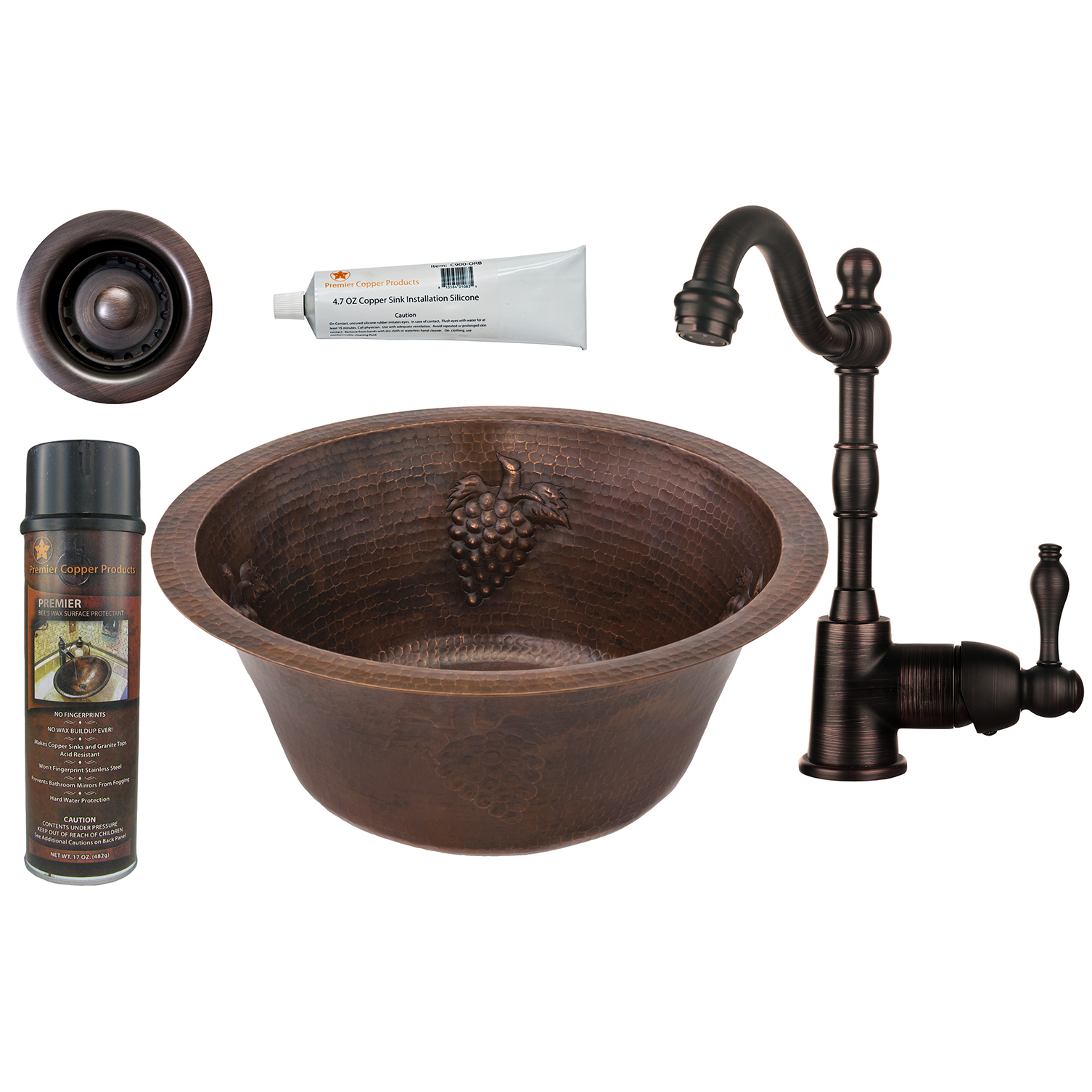 16 Inch Round Copper Grapes Bar Sink With 2 Inch Drain Size, Faucet And Accessories Package, Oil Rubbed Bronze