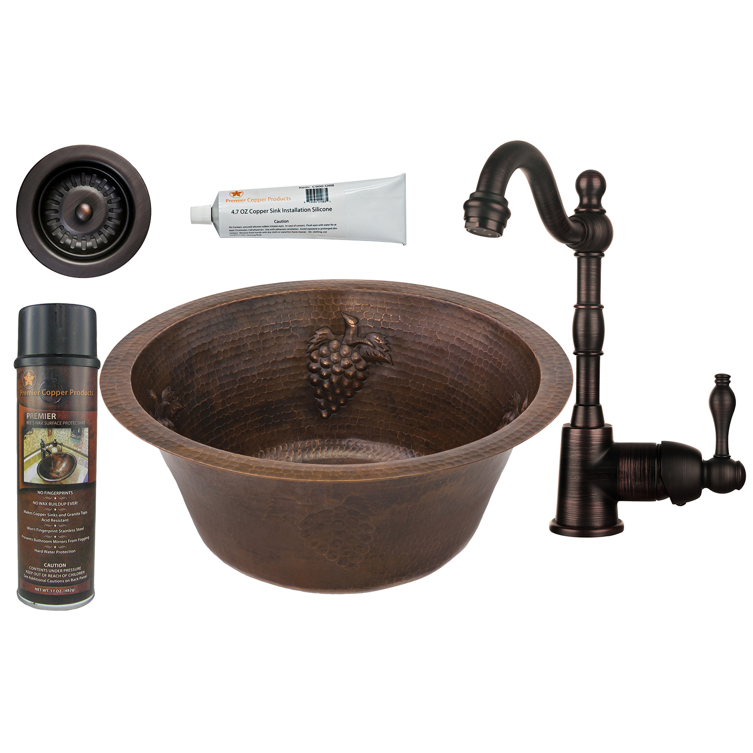 16 Inch Round Copper Grapes Prep Sink With 3.5 Inch Drain Size, Faucet And Accessories Package, Oil Rubbed Bronze