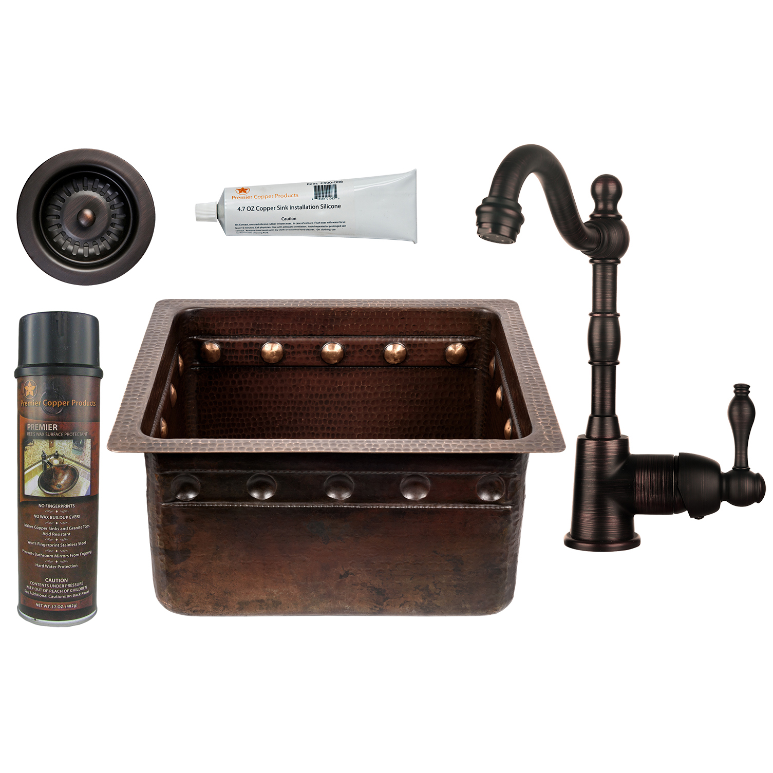 16 Inch Gourmet Rectangular Hammered Copper Barrel Strap Bar/prep Sink, Faucet And Accessories Package, Oil Rubbed Bronz