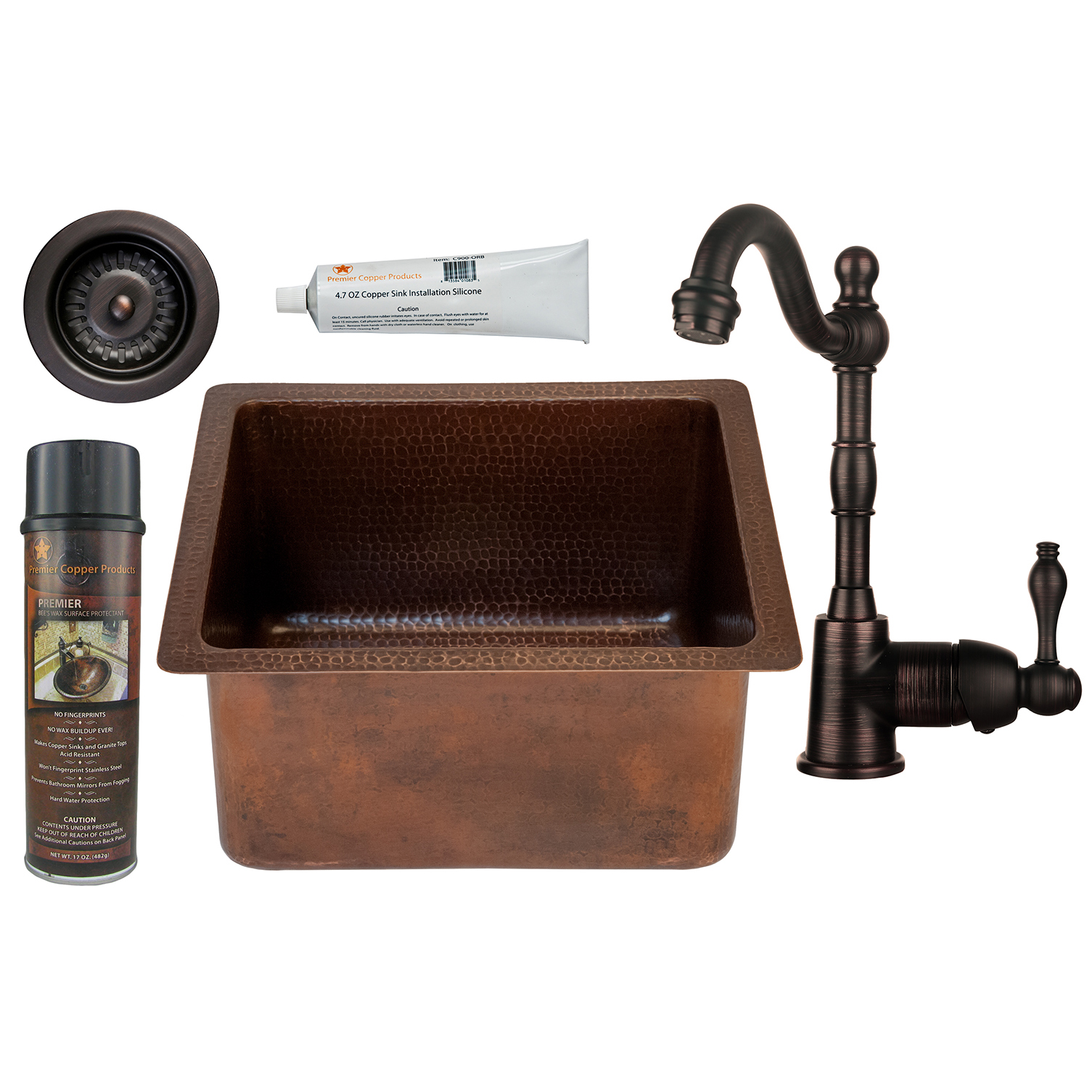 16 Inch Gourmet Rectangular Hammered Copper Bar/prep Sink, Faucet And Accessories Package, Oil Rubbed Bronze