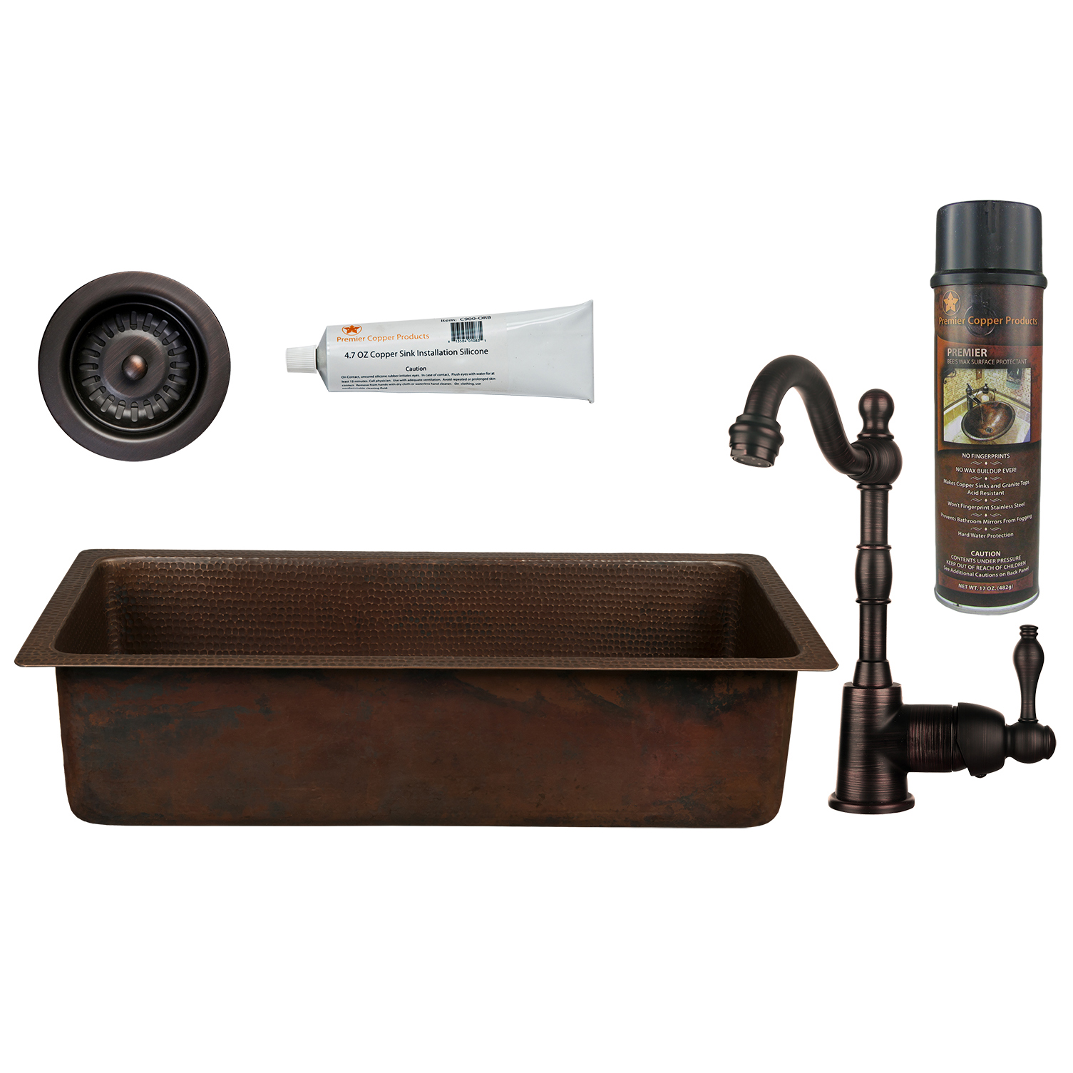 28 Inch Rectangle Hammered Copper Bar/prep Sink With 3.5 Inch Drain Opening, Faucet And Accessories Package, Oil Rubbed