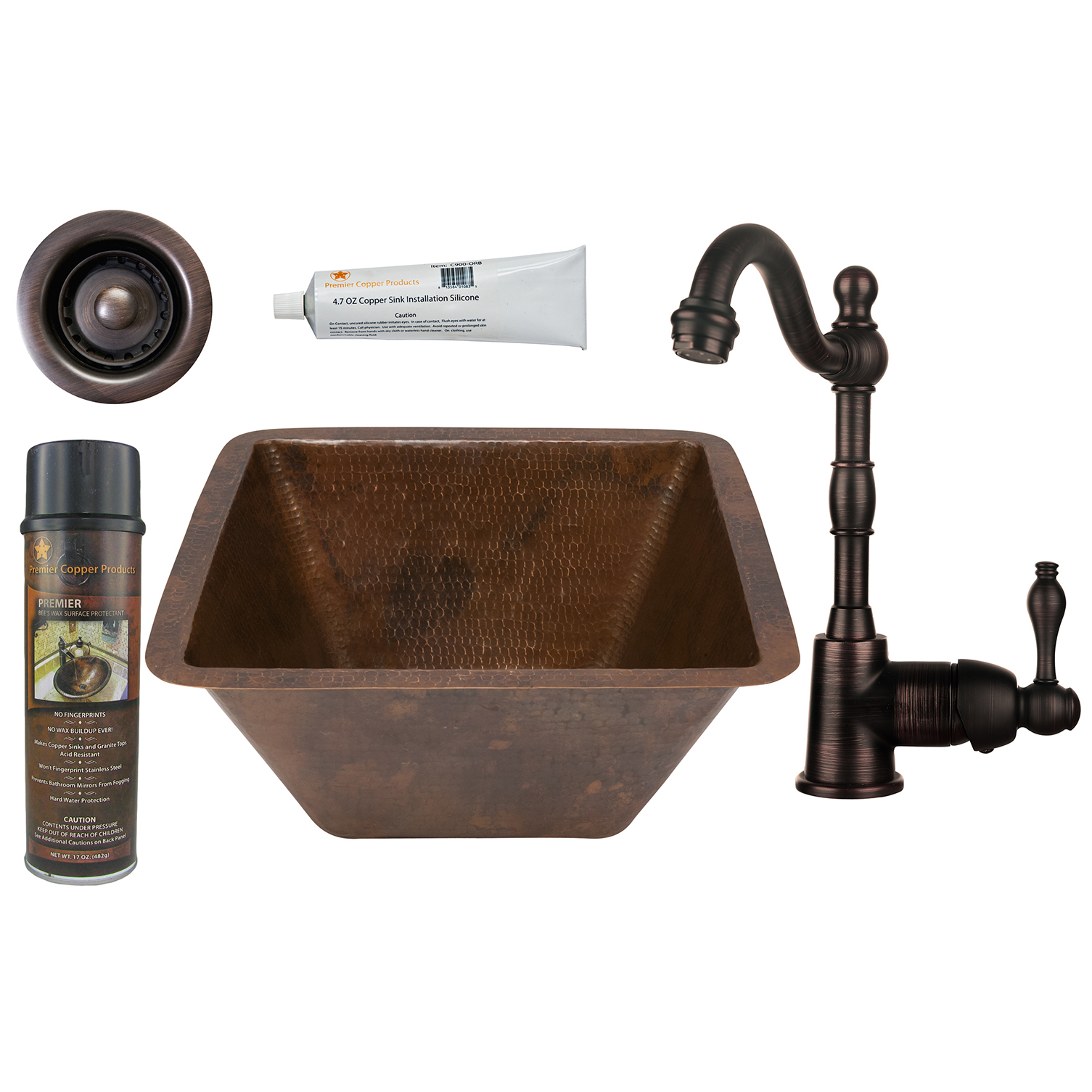 15 Inch Square Hammered Copper Bar/prep Sink With 2 Inch Drain Size, Faucet And Accessories Package, Oil Rubbed Bronze