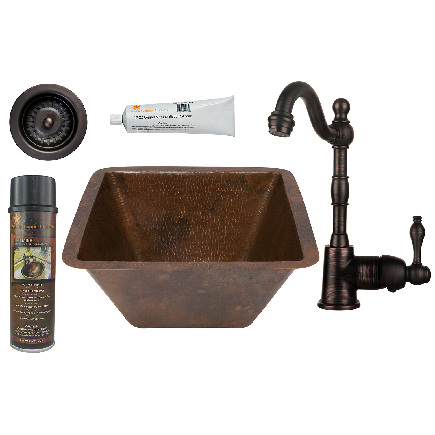 15 Inch Square Hammered Copper Bar/prep Sink With 3.5 Inch Drain Size, Faucet And Accessories Package, Oil Rubbed Bronze