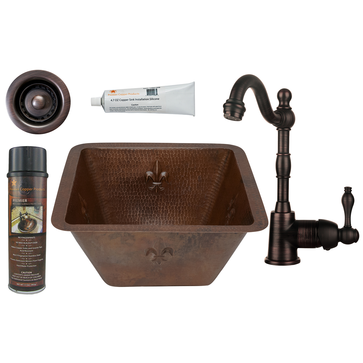 15 Inch Square Fleur De Lis Copper Bar/prep Sink With 2 Inch Drain Size, Faucet And Accessories Package, Oil Rubbed Bron