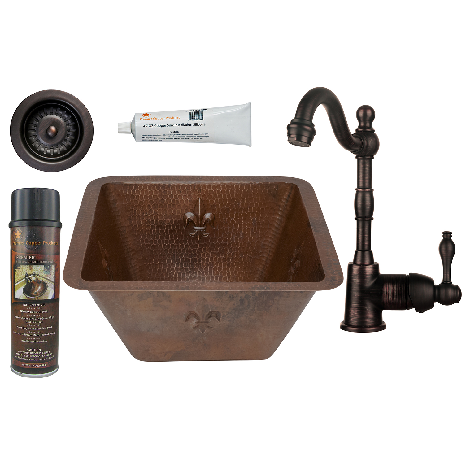 15 Inch Square Fleur De Lis Copper Bar/prep Sink With 3.5 Inch Drain Size, Faucet And Accessories Package, Oil Rubbed Br