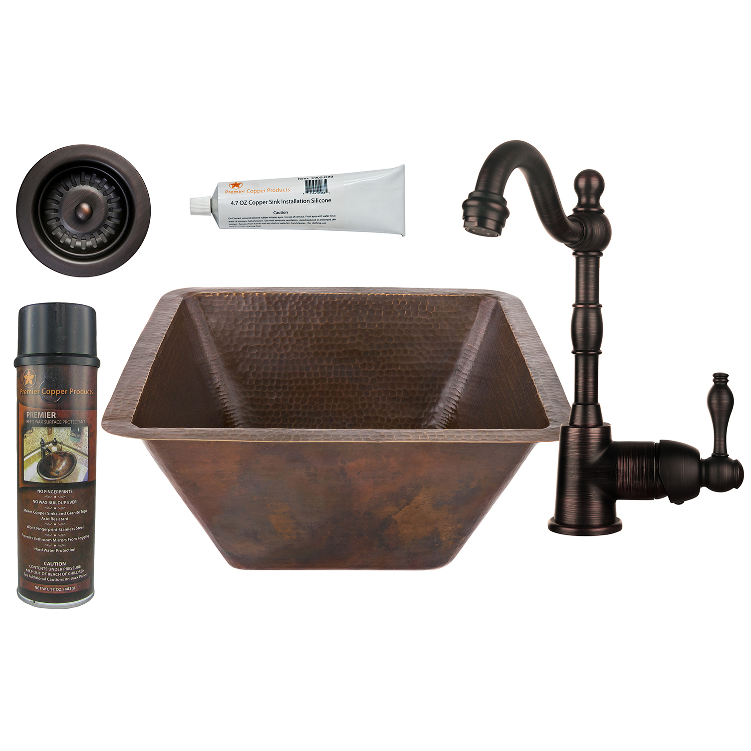 17 Inch Square Hammered Copper Bar/prep Sink, Faucet And Accessories Package, Oil Rubbed Bronze