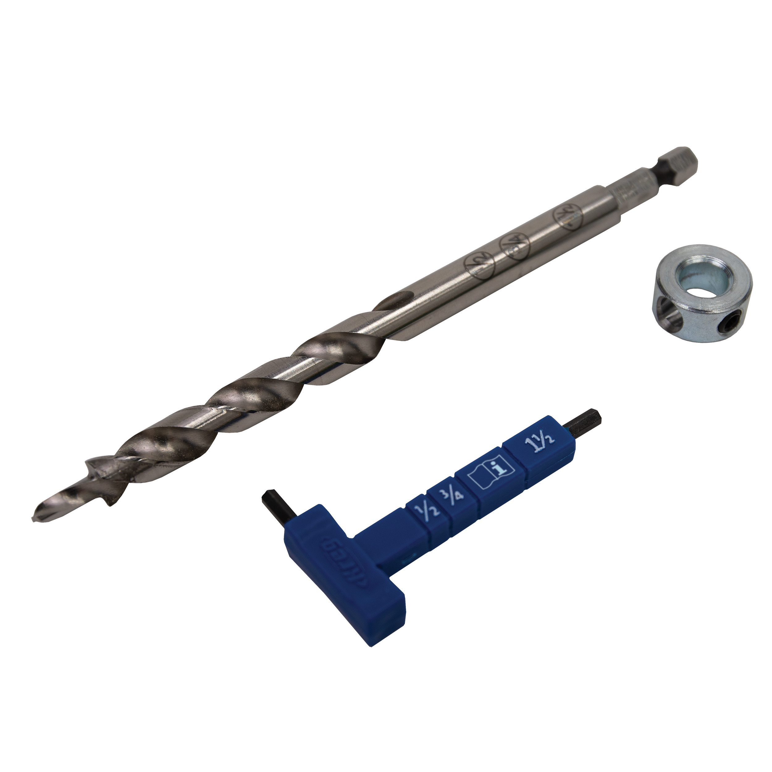 Easy-set Pocket-hole Drill Bit, Stop Collar And Hex Gauge