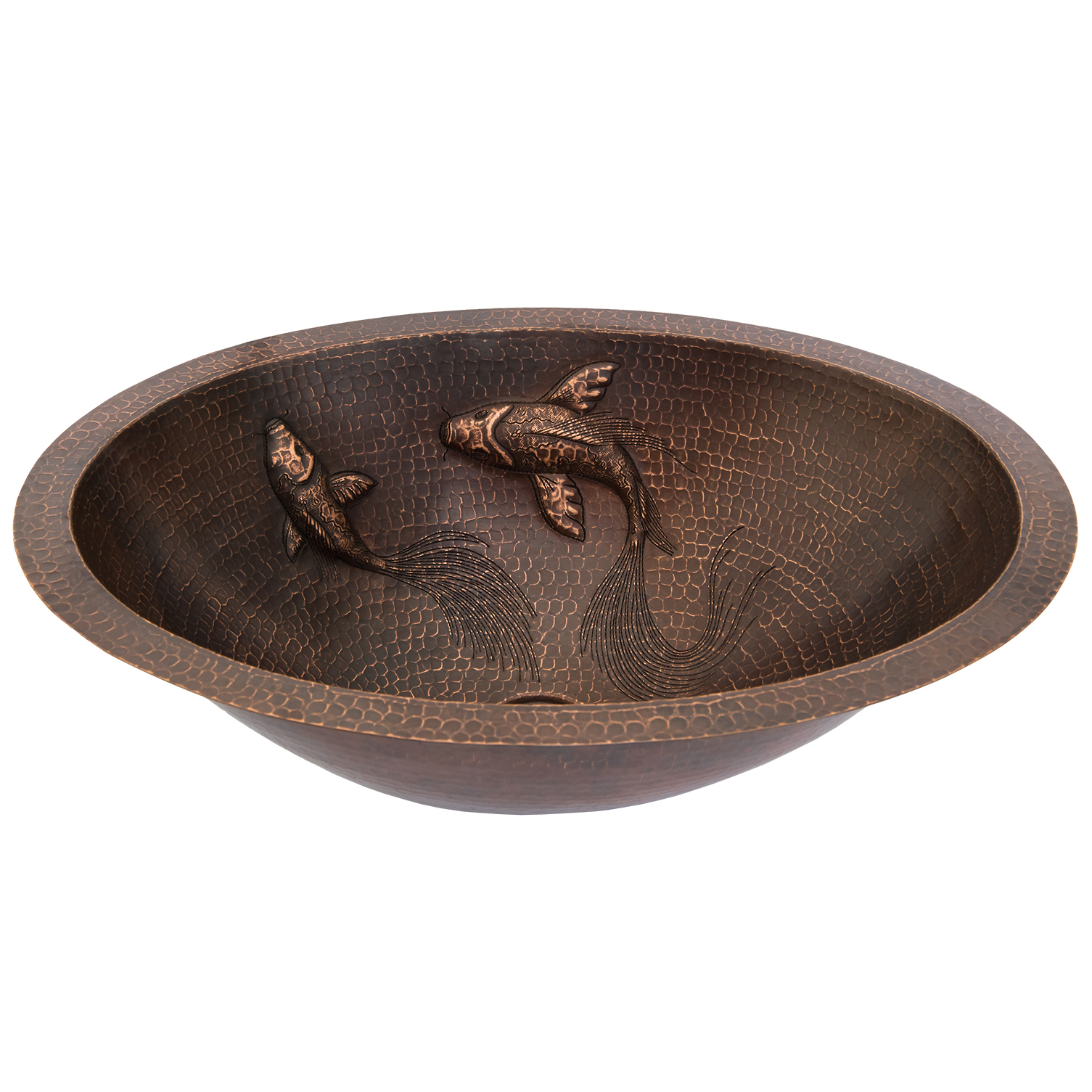 Oval Under Counter Hammered Copper Bathroom Sink With Two Small Koi Fish Design