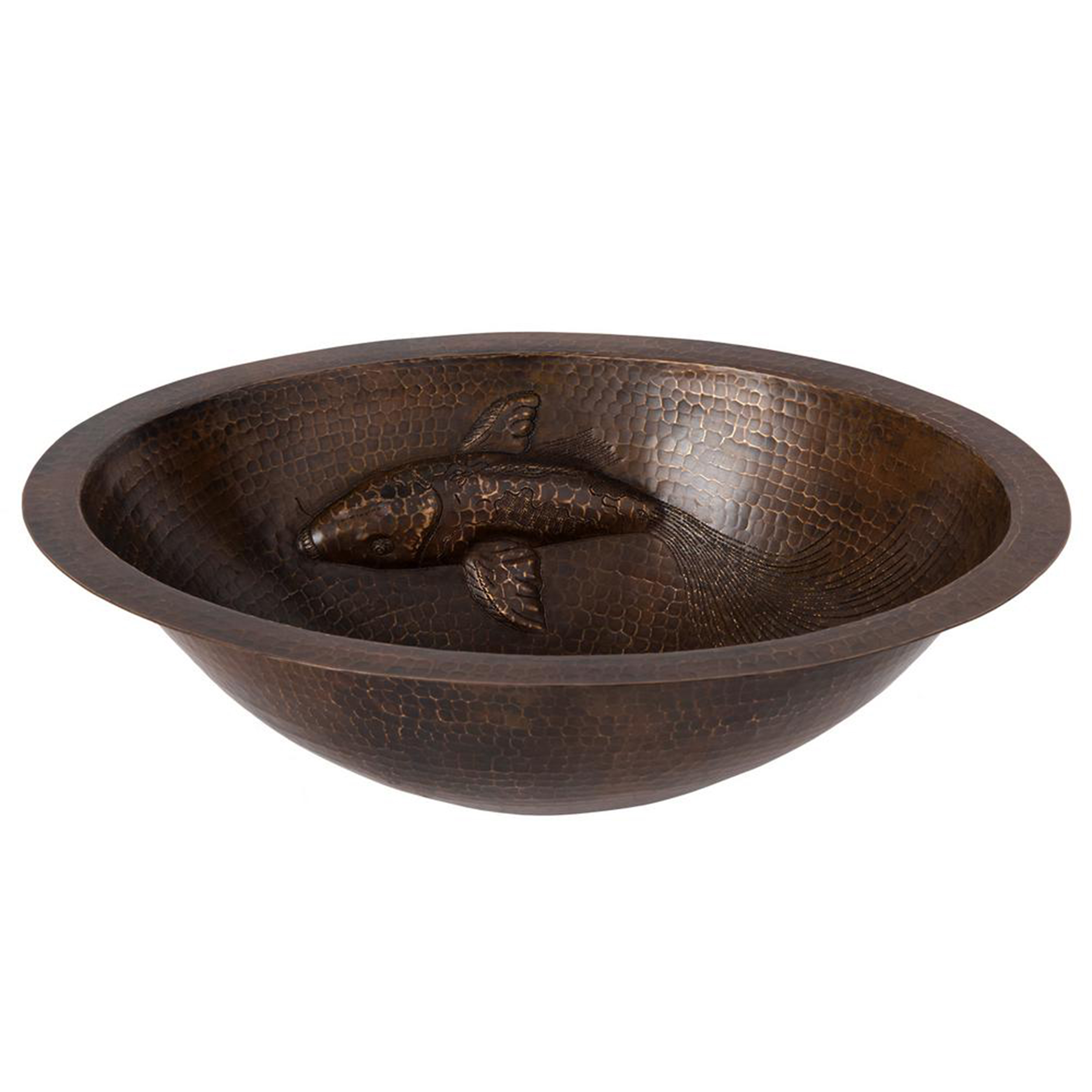 Oval Under Counter Hammered Copper Bathroom Sink With One Large Koi Fish Design
