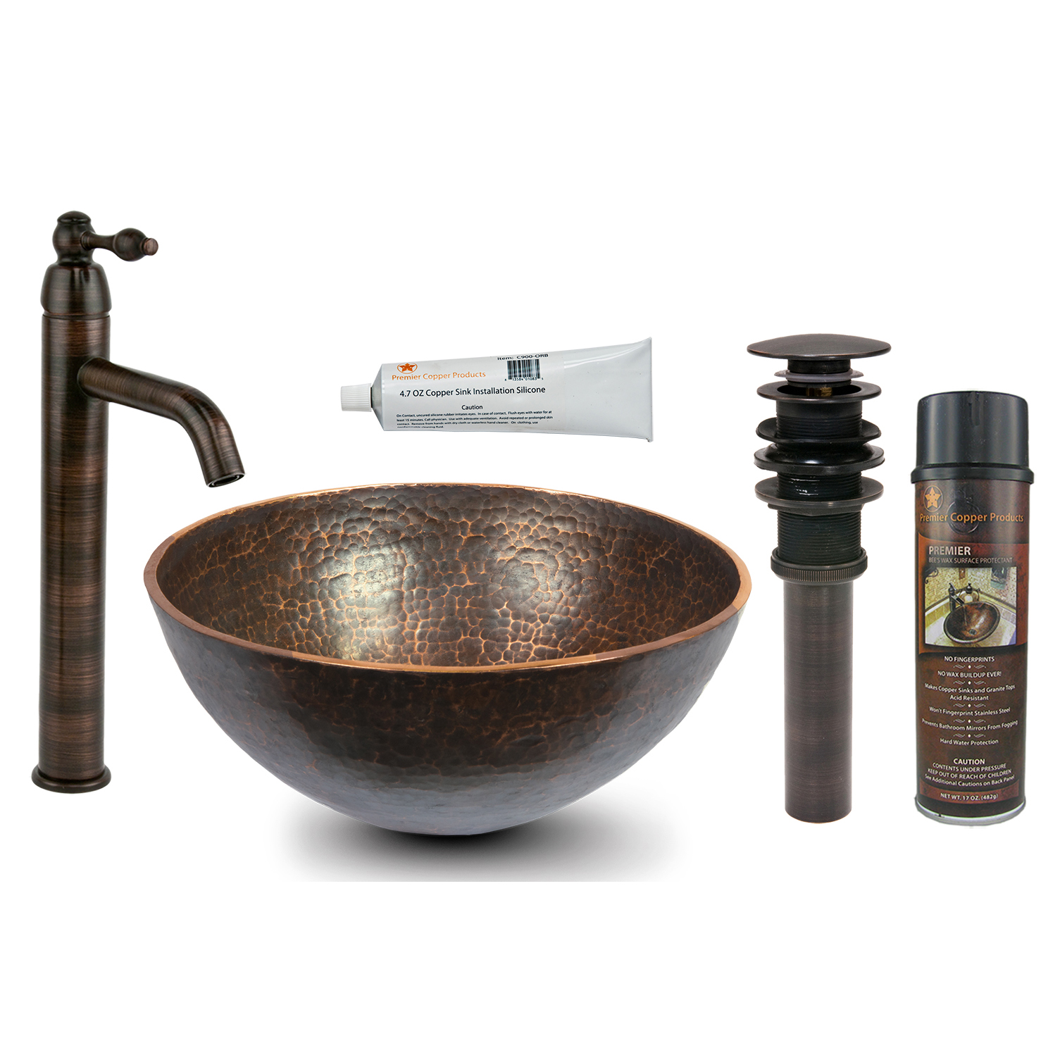 13 Inch Round Hand Forged Old World Copper Vessel Sink, Faucet And Accessories Package, Oil Rubbed Bronze