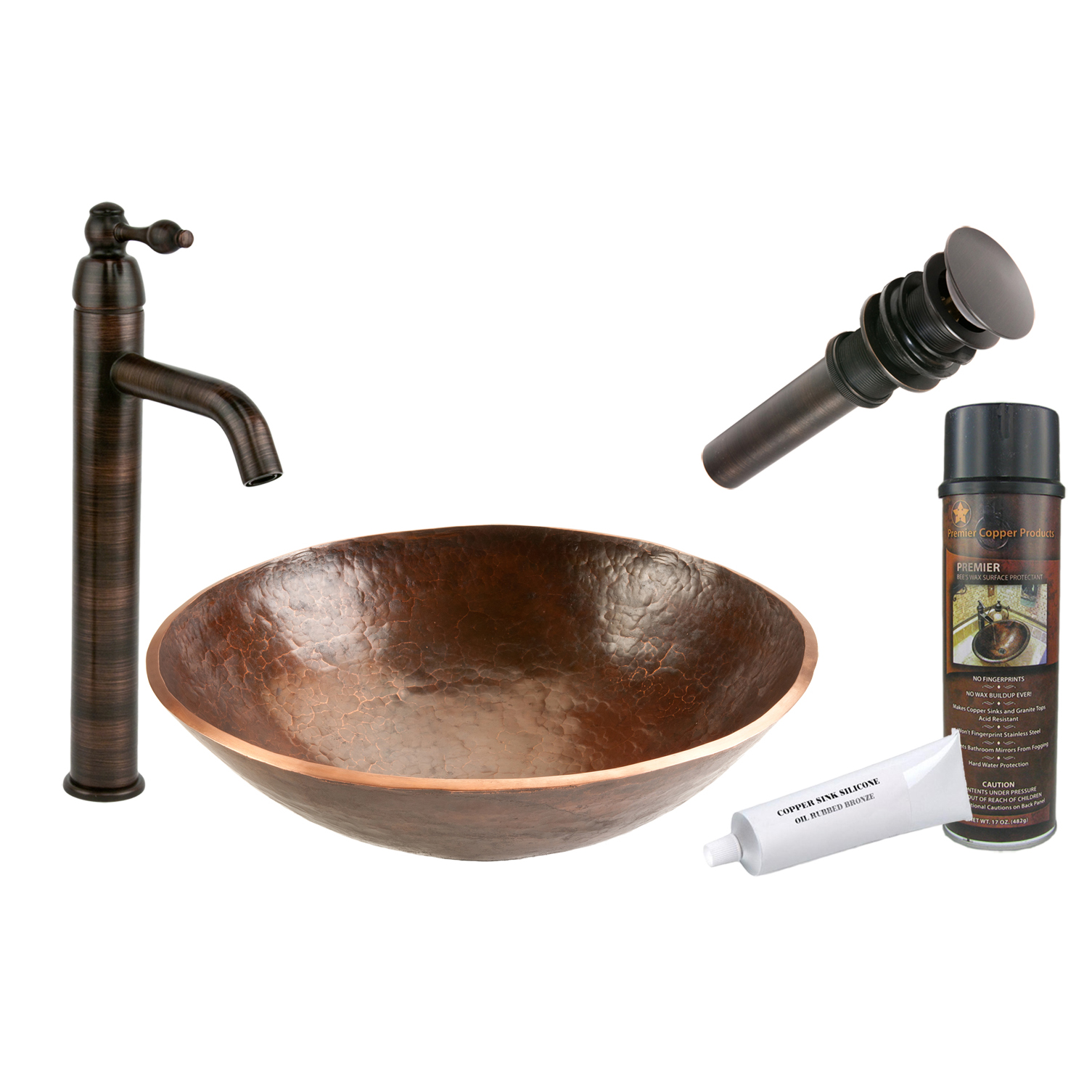 16 Inch Round Hand Forged Old World Copper Vessel Sink, Faucet And Accessories Package, Oil Rubbed Bronze
