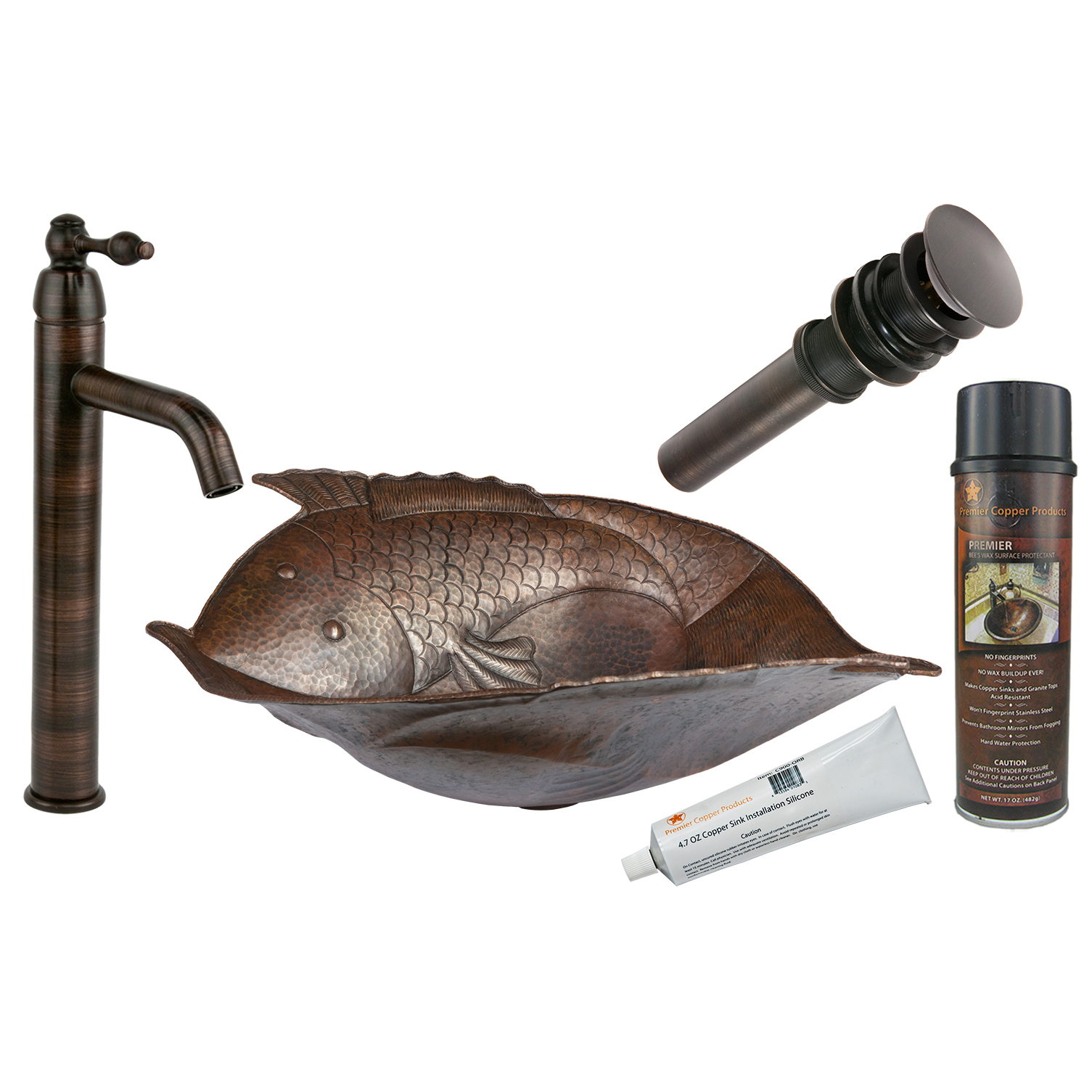 Two Fish Vessel Hammered Copper Sink, Faucet And Accessories Package, Oil Rubbed Bronze