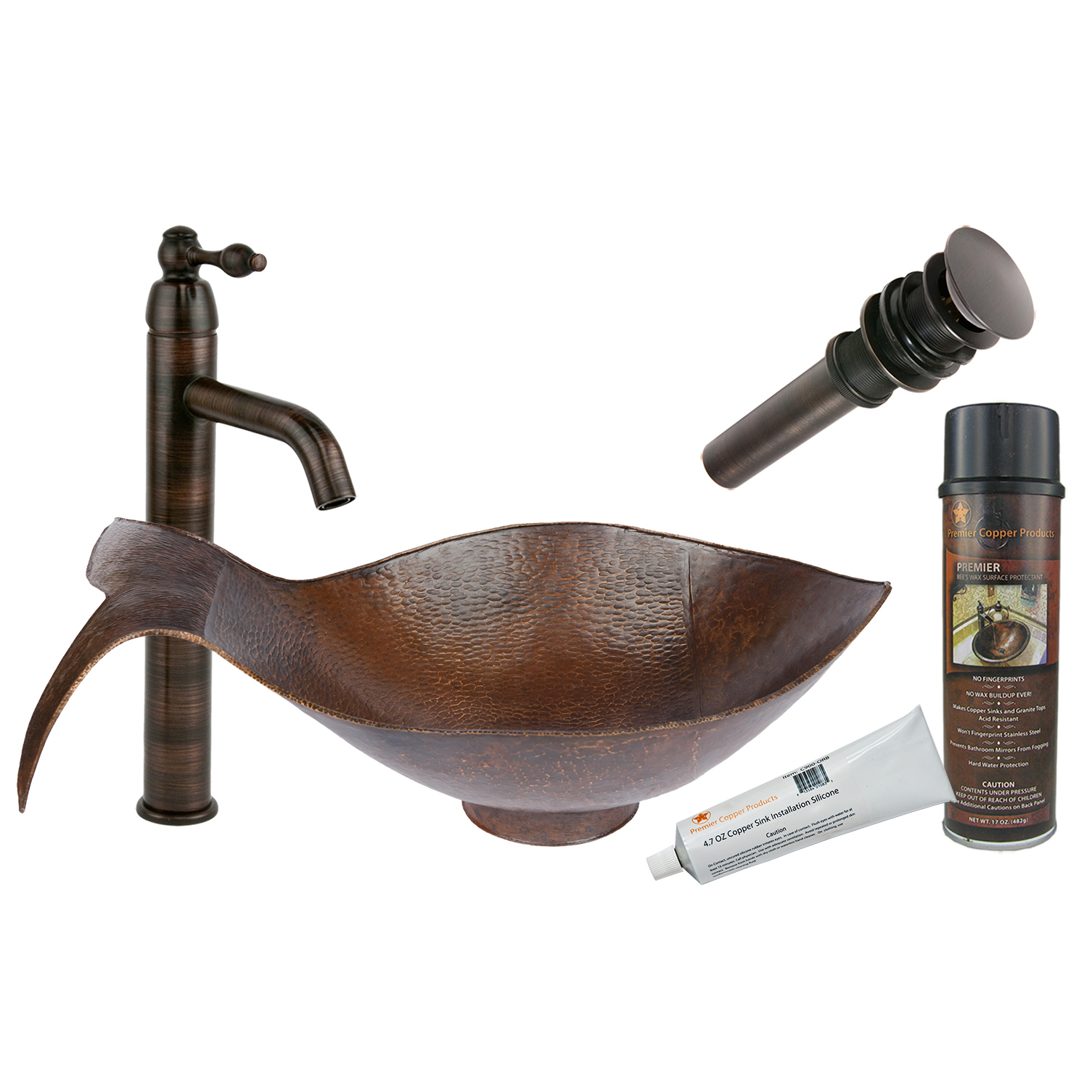 Fish Vessel Hammered Copper Sink, Faucet And Accessories Package, Oil Rubbed Bronze