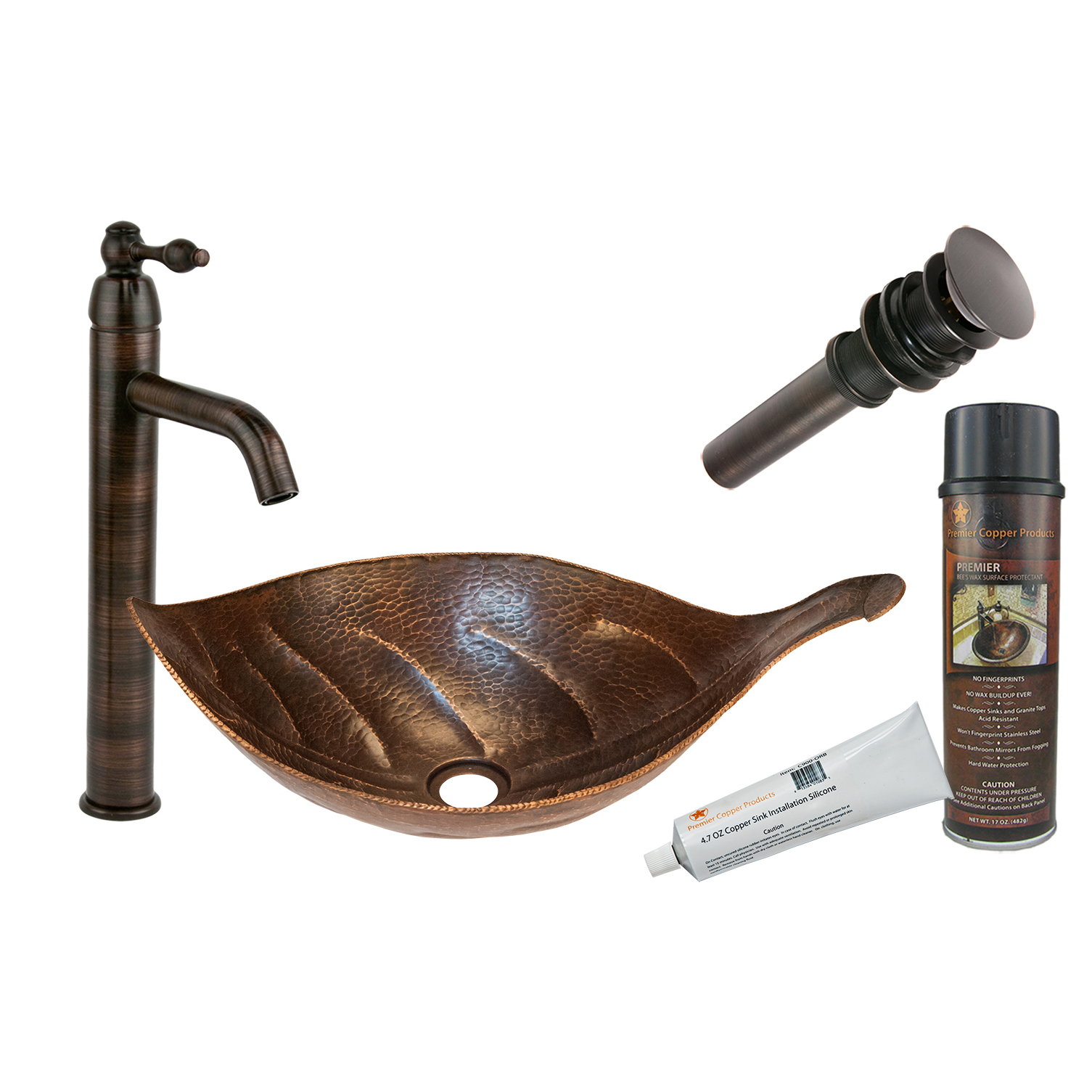 Leaf Vessel Hammered Copper Sink, Faucet And Accessories Package, Oil Rubbed Bronze