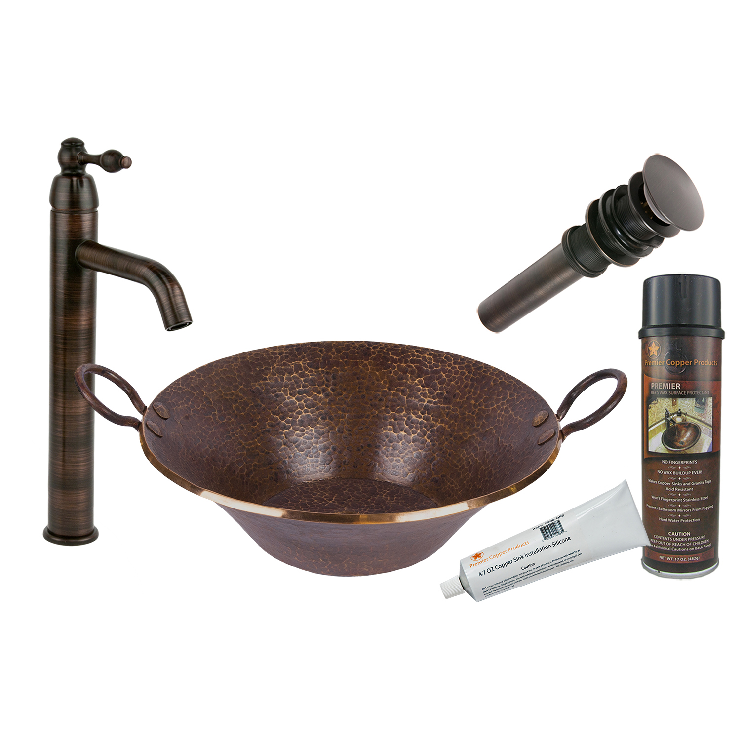 Round Hand Forged Old World Miners Pan Copper Vessel Sink, Faucet And Accessories Package, Oil Rubbed Bronze