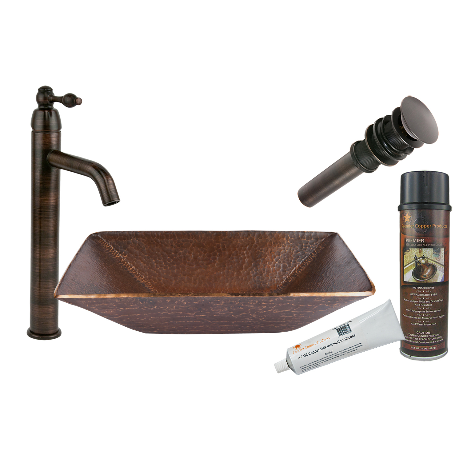 Modern Rectangle Hand Forged Old World Copper Vessel Sink, Faucet And Accessories Package, Oil Rubbed Bronze
