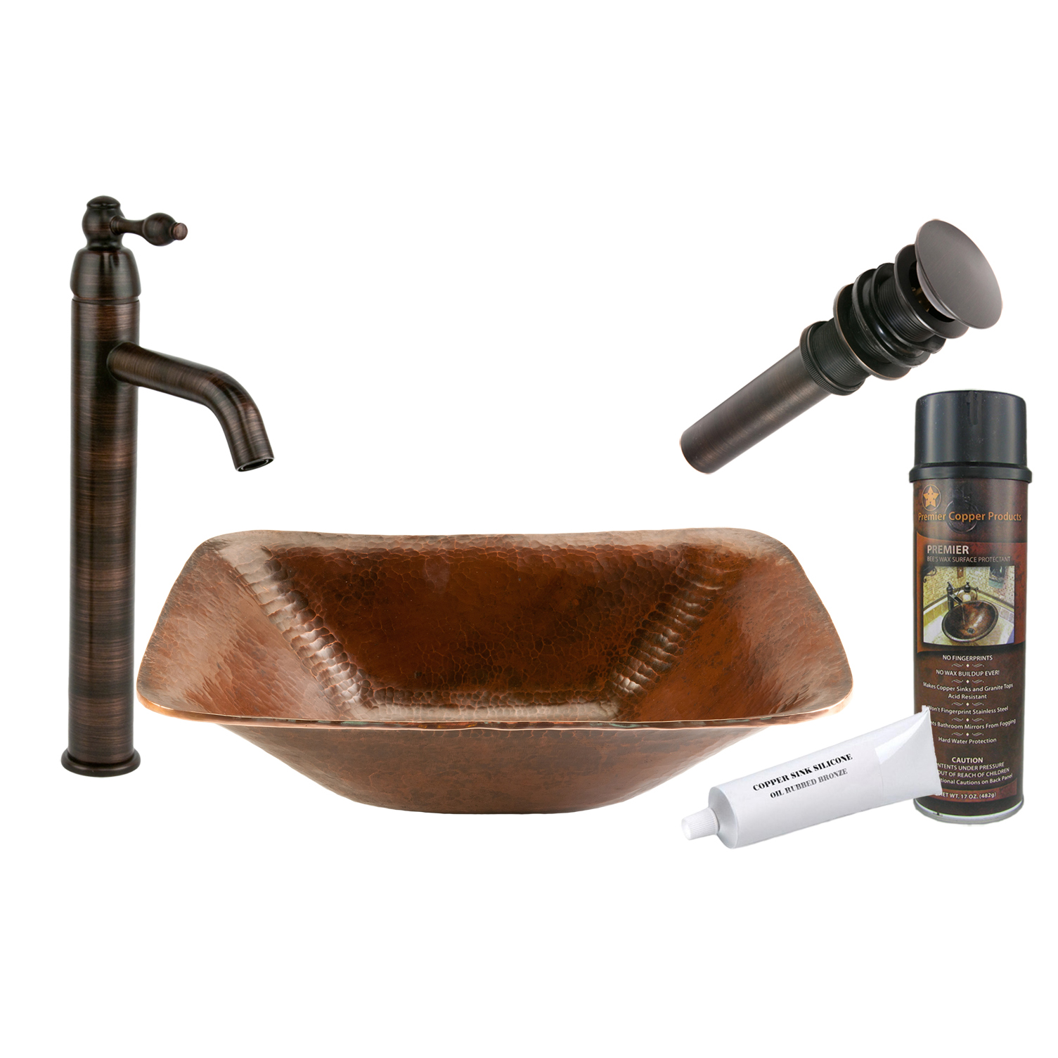 Rectangle Hand Forged Old World Copper Vessel Sink, Faucet And Accessories Package, Oil Rubbed Bronze
