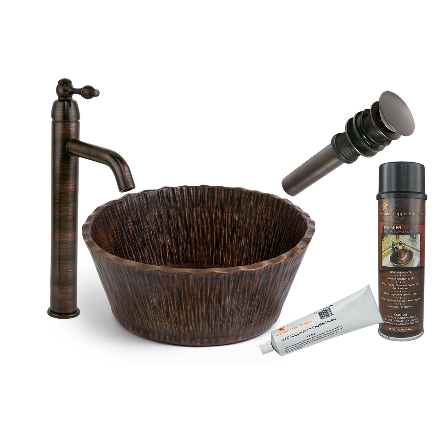 Round Forest Vessel Hammered Copper Sink, Faucet And Accessories Package, Oil Rubbed Bronze