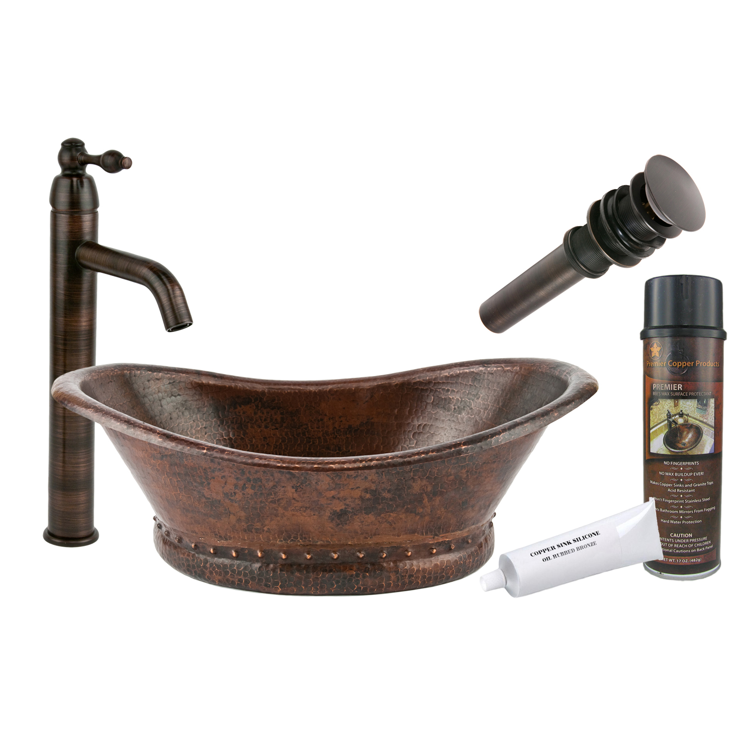 Bath Tub Vessel Hammered Copper Sink, Faucet And Accessories Package, Oil Rubbed Bronze