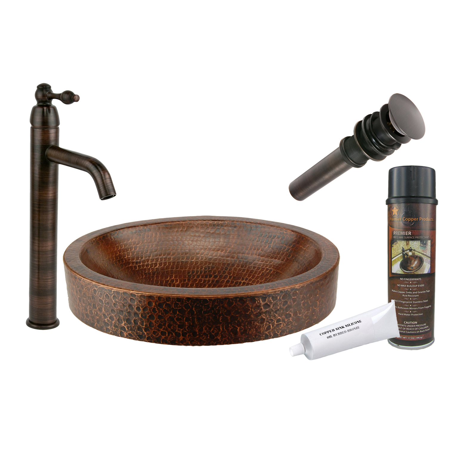 Compact Oval Skirted Hammered Copper Sink, Faucet And Accessories Package, Oil Rubbed Bronze