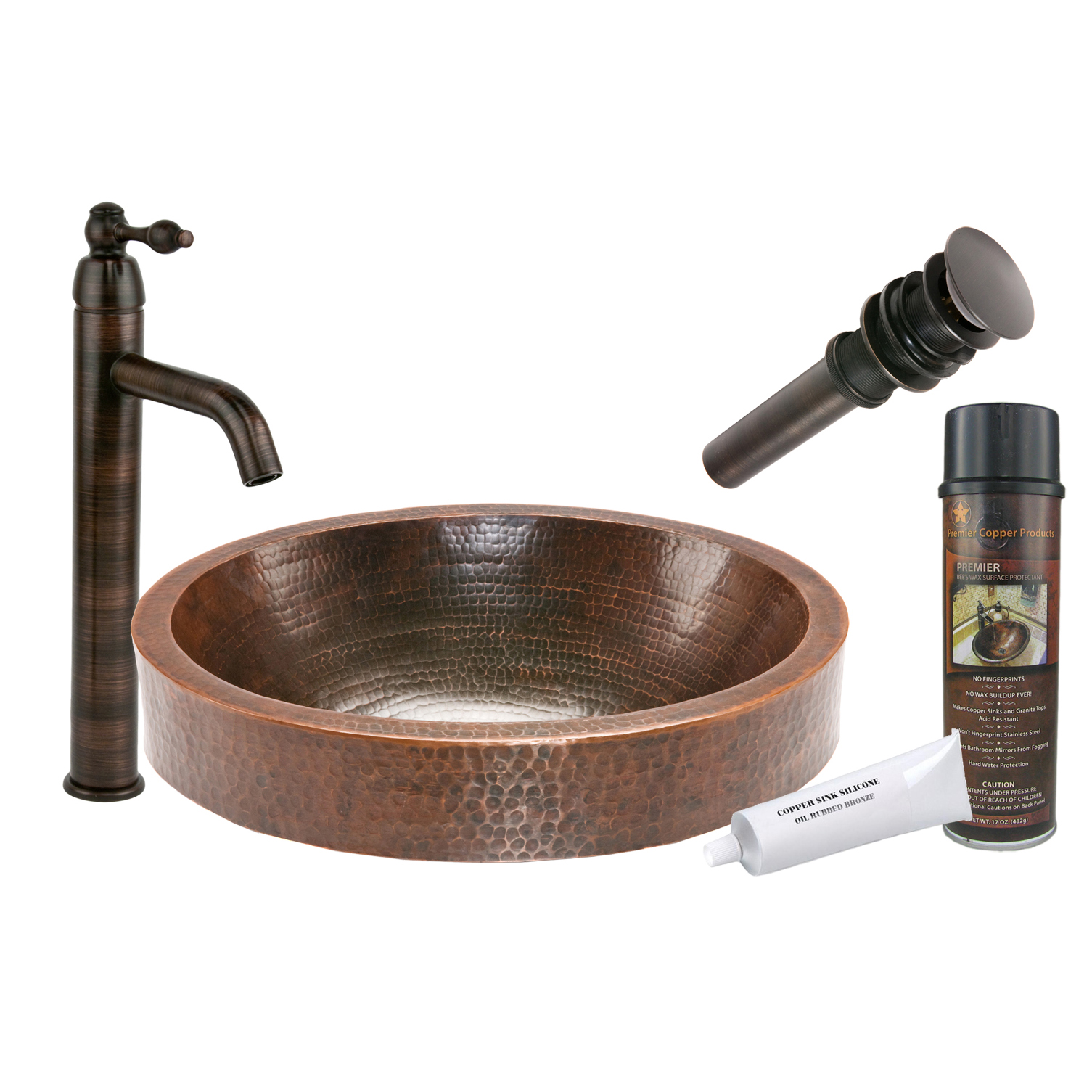 Oval Skirted Vessel Hammered Copper Sink, Faucet And Accessories Package, Oil Rubbed Bronze