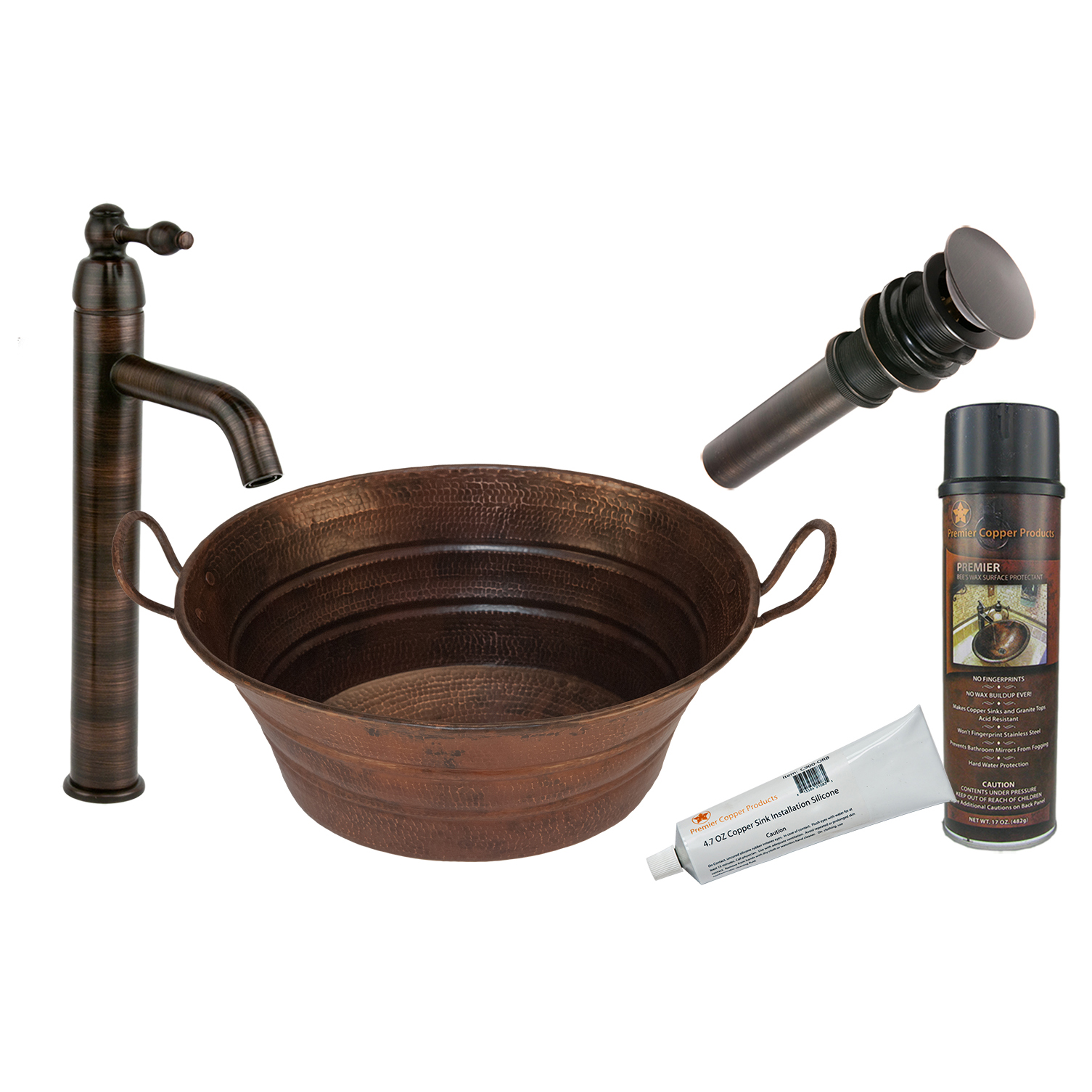 Oval Bucket Vessel Hammered Copper Sink With Handles, Faucet And Accessories Package, Oil Rubbed Bronze