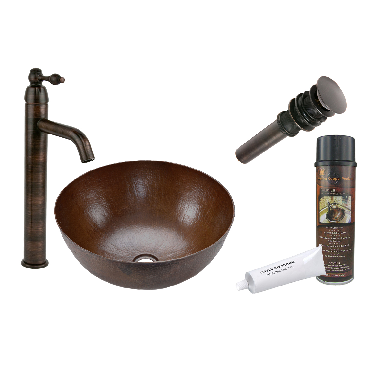 Small Round Vessel Hammered Copper Sink, Faucet And Accessories Package, Oil Rubbed Bronze