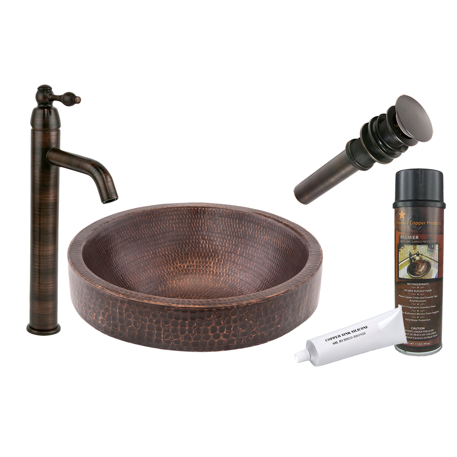 Small Round Skirted Vessel Hammered Copper Sink, Faucet And Accessories Package, Oil Rubbed Bronze