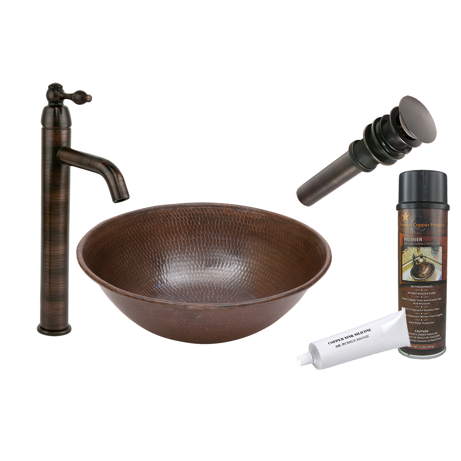 Round Wired Rimmed Vessel Hammered Copper Sink, Faucet And Accessories Package, Oil Rubbed Bronze